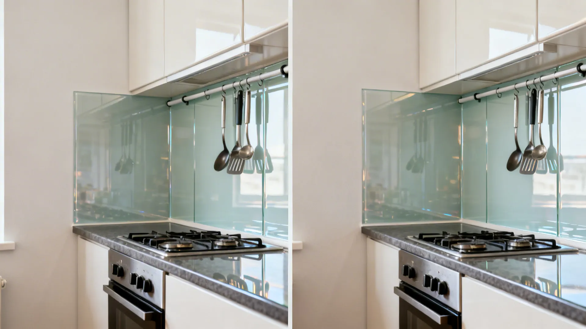 Faux glass backsplashes for a brighter, airy strip