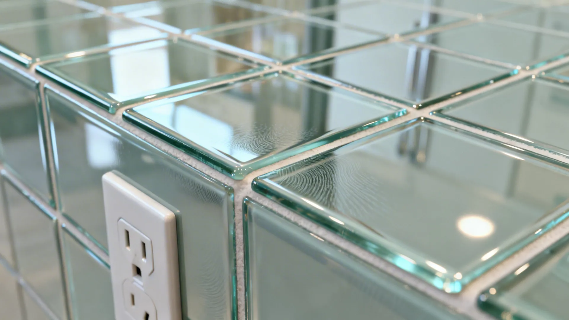 Close up of light green glass wall tiles with white grout and a white power outlet
