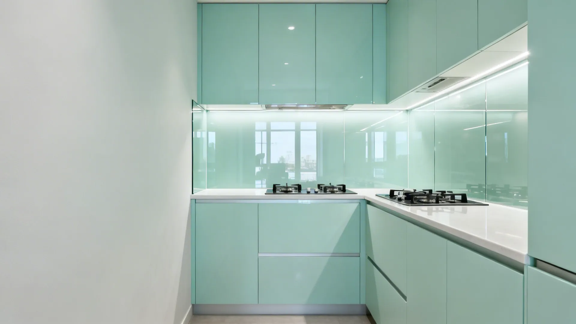 Modern mint green kitchen with white countertops glass backsplash gas stove and bright cabinet lights
