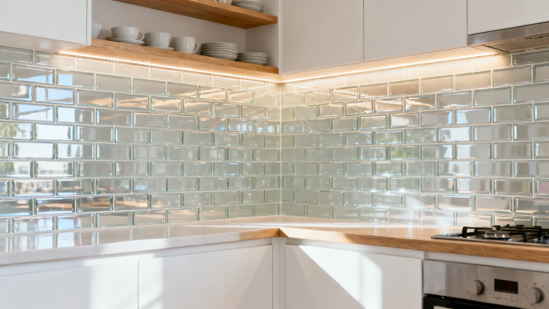 Glossy glass-look peel subway tiles in a small kitchen corner.