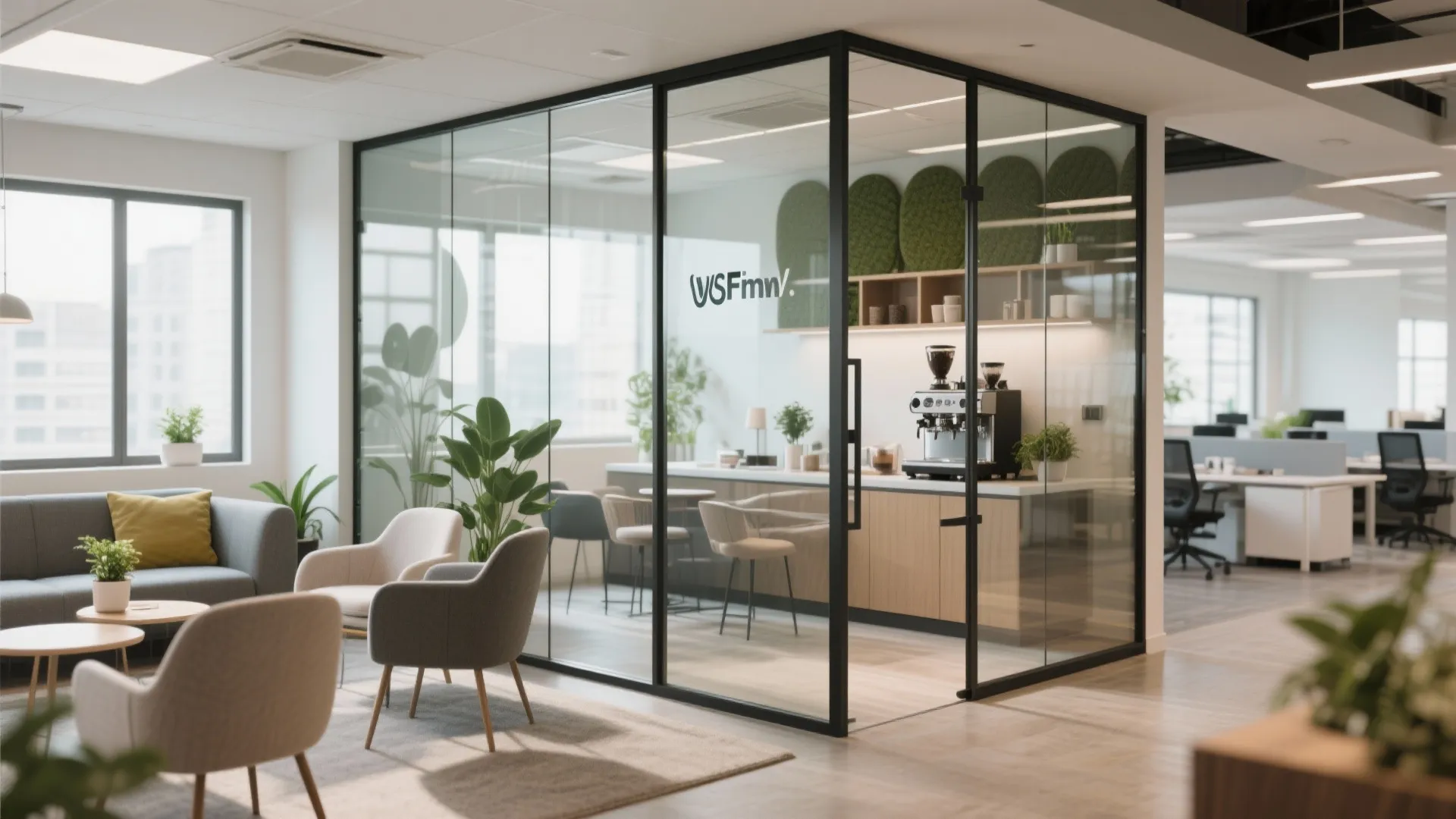 Office coffee lounge with glass partition walls.