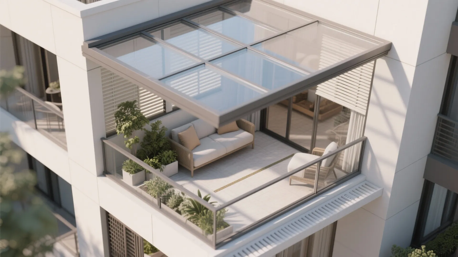 Glass roof with operable louvers