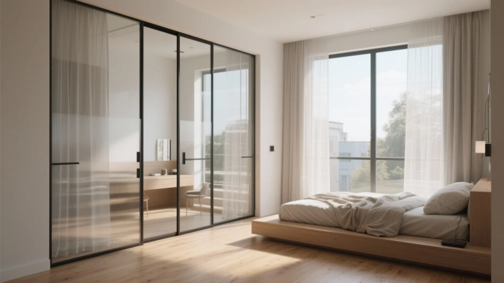 1. Extend the bedroom visually with glass and low profiles
