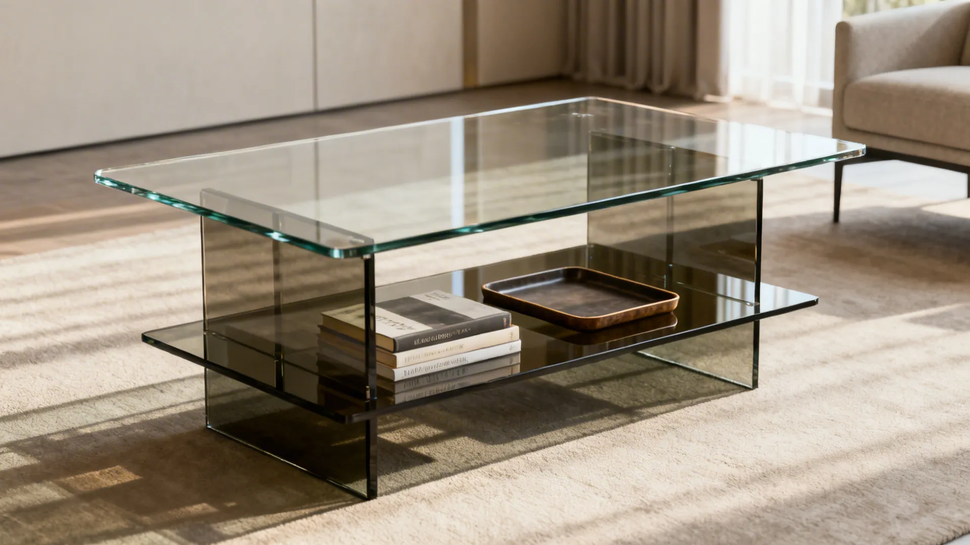 Glass coffee table with a visible smoked lower shelf holding books and a tray in a tidy living room.