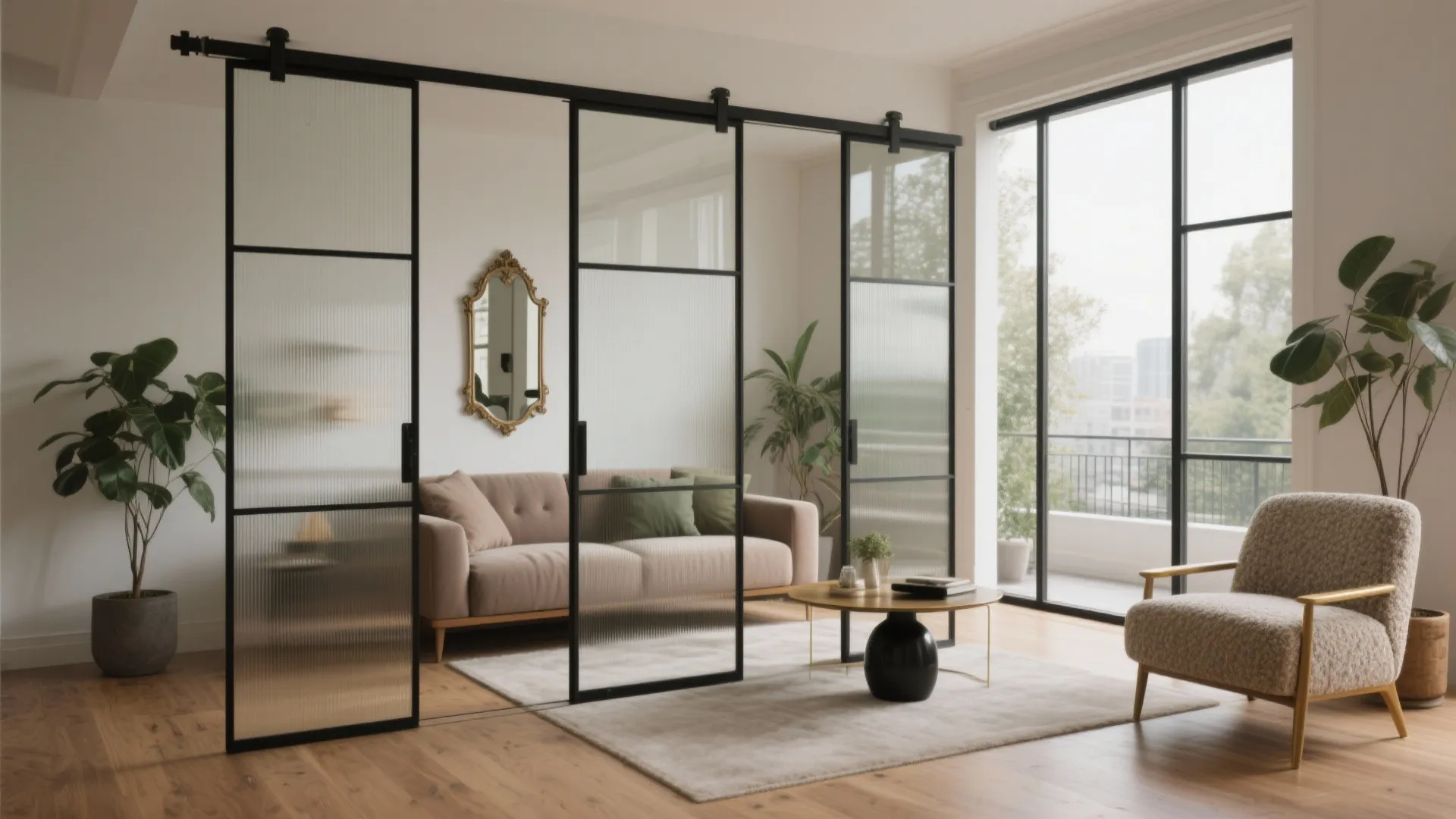 Modern living room featuring black frame sliding glass doors sofa armchair coffee table and green plants