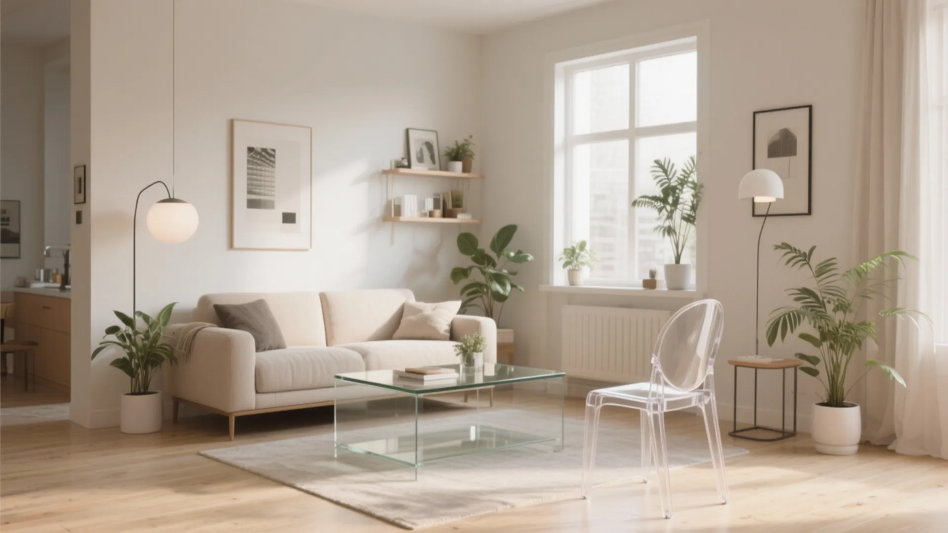 Modern bright living room with white sofa glass coffee table clear plastic chair and green plants