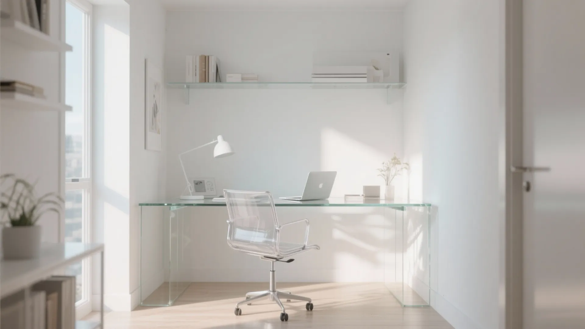 Minimalist home office with a clear glass desk and chair against white walls and natural sunlight