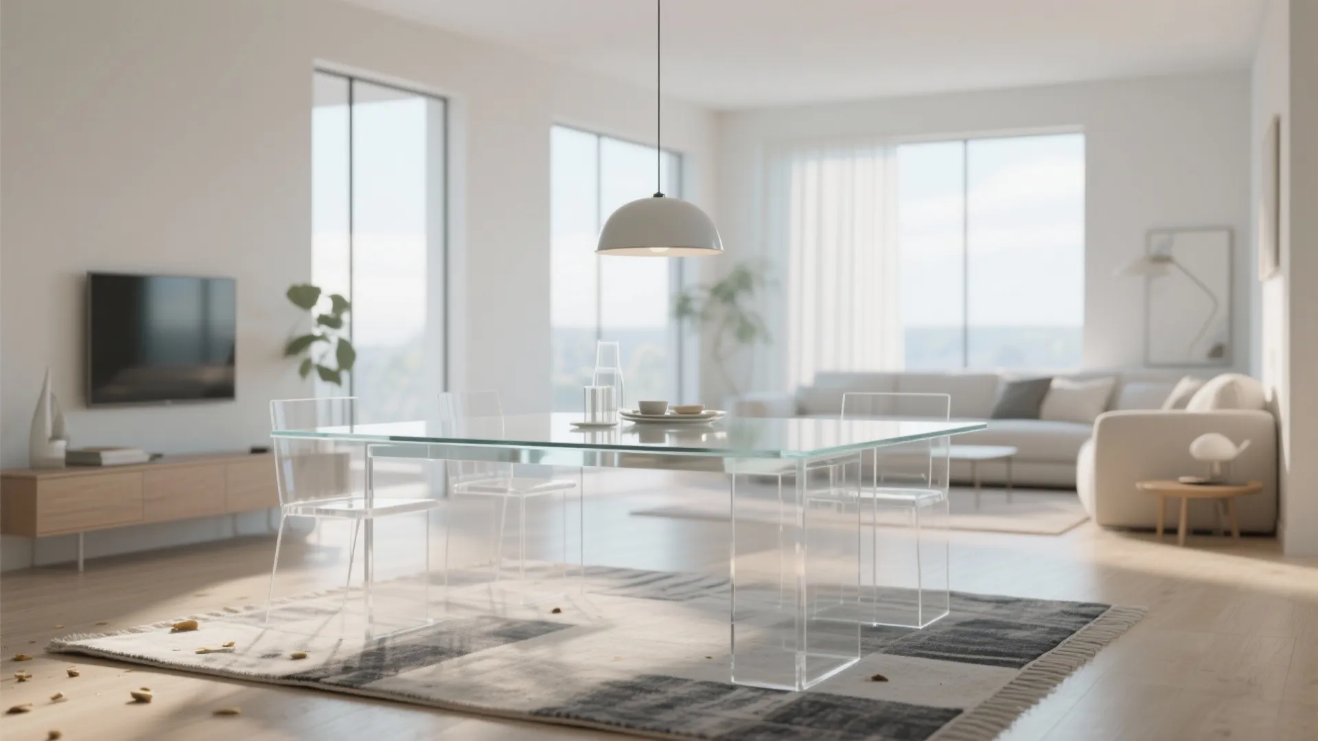 5. Glass or Lucite Rectangular Table to Reduce Visual Weight