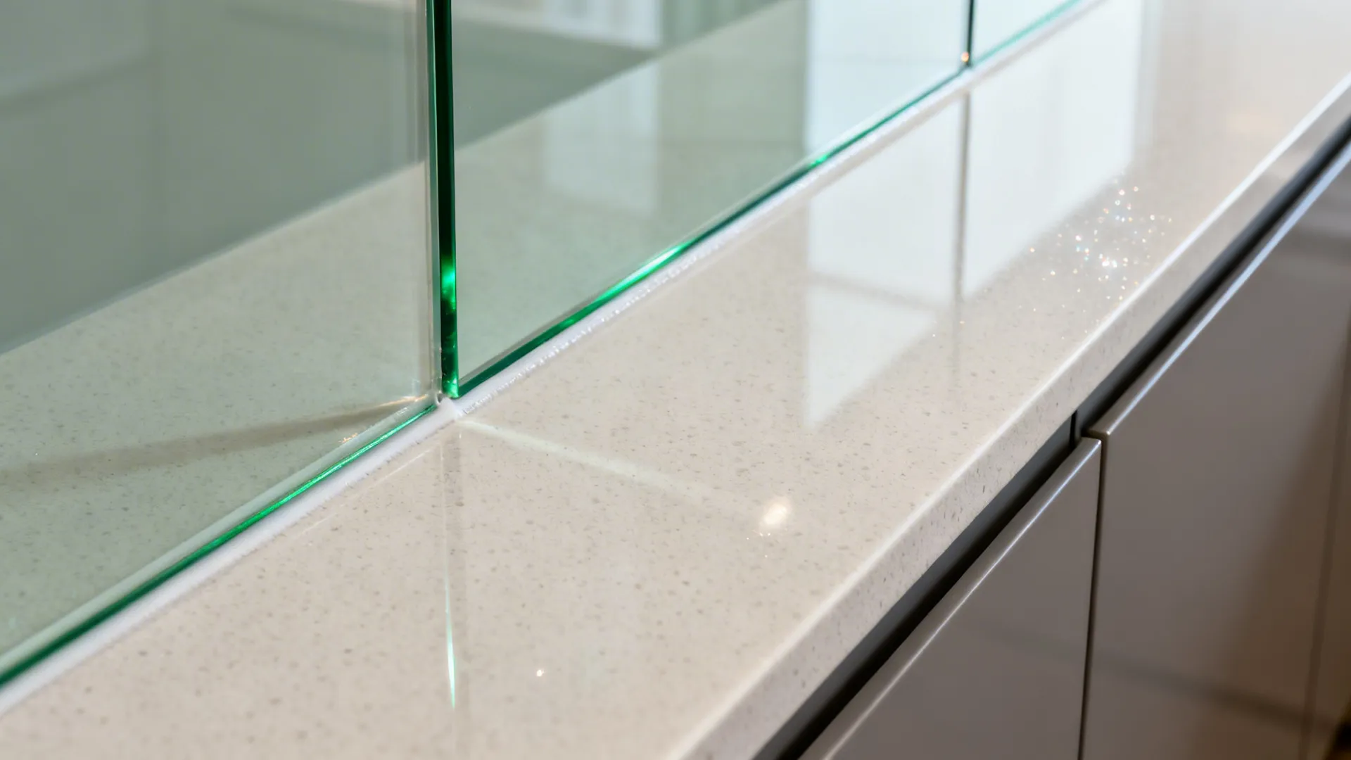 Macro of a low-iron glass backsplash meeting a pale quartz countertop.