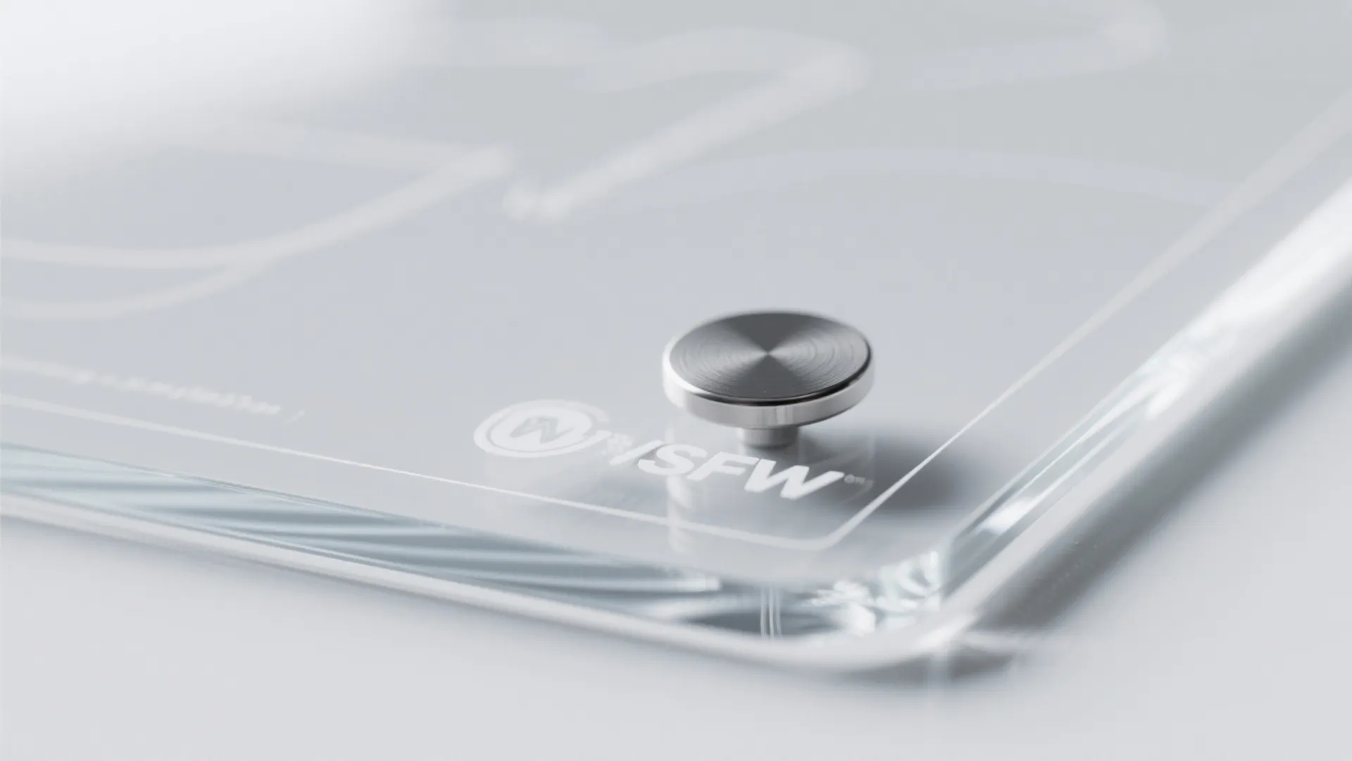 Close up of a clear glass board with a silver metal wall mount screw detail