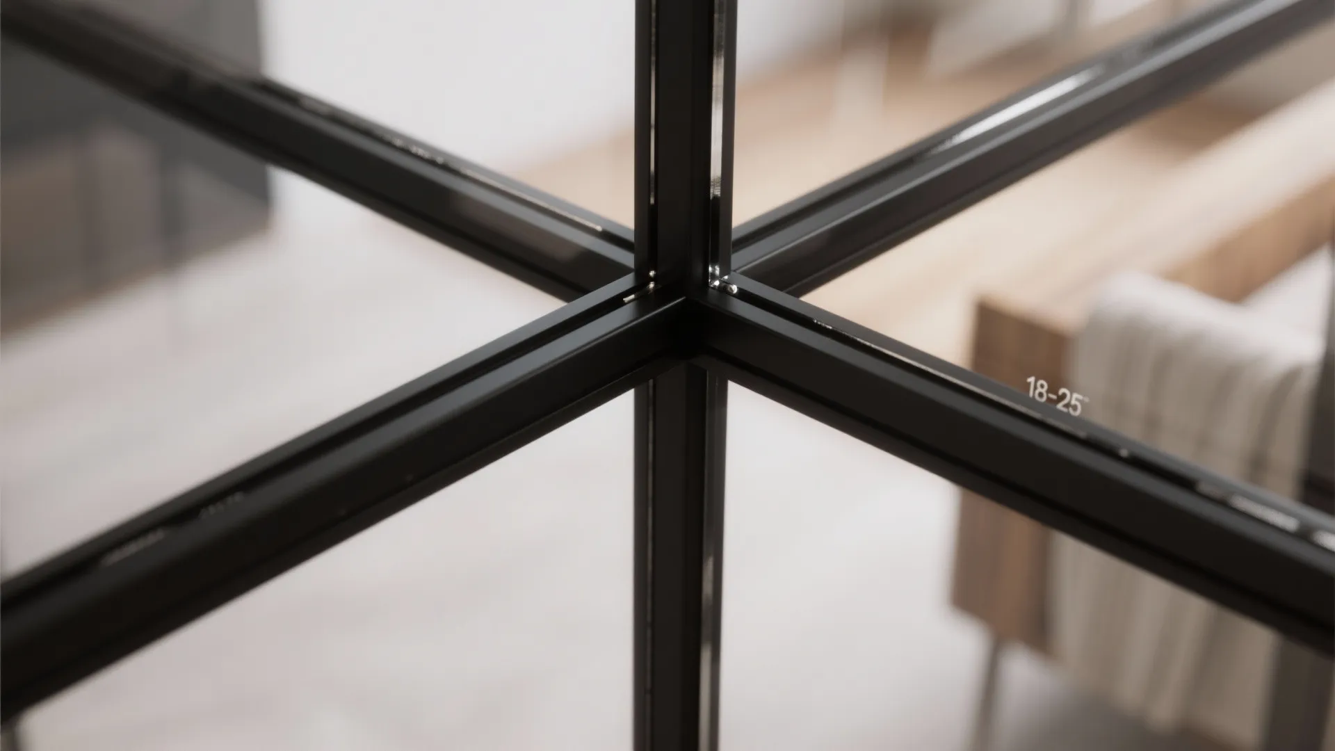 Close up of black metal window frame showing the cross joint detail and clear glass