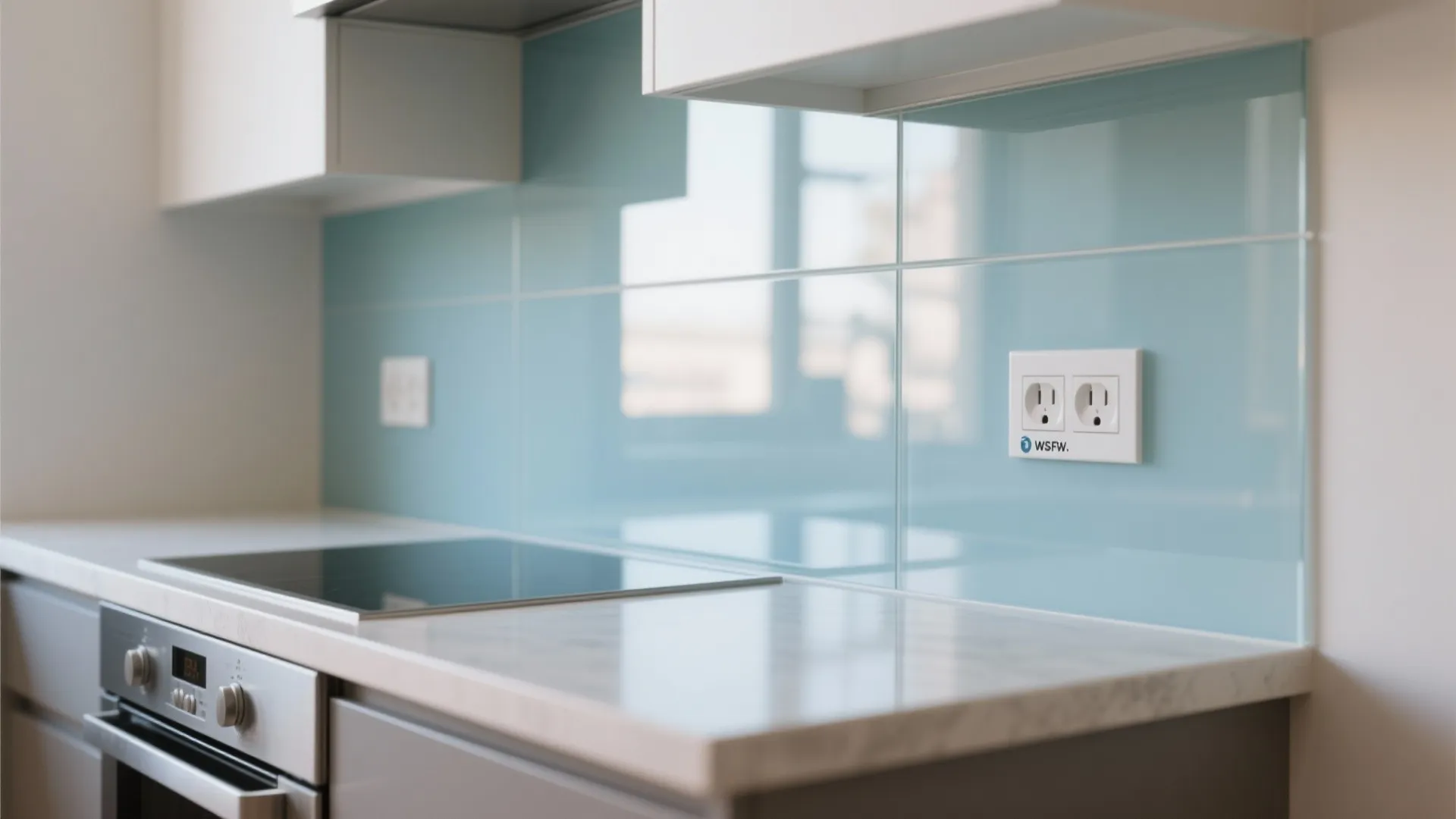 Blue glass wall tiles above a white marble kitchen counter with a white power socket