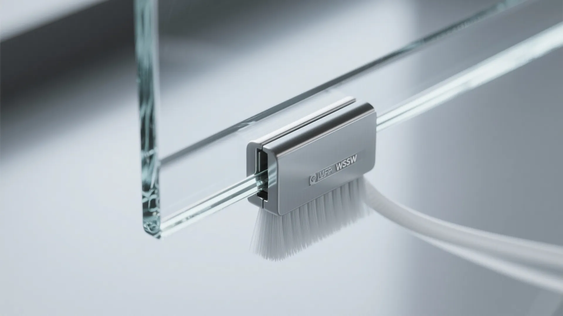 Close up of metal bracket with white brush seal attached to a clear glass door