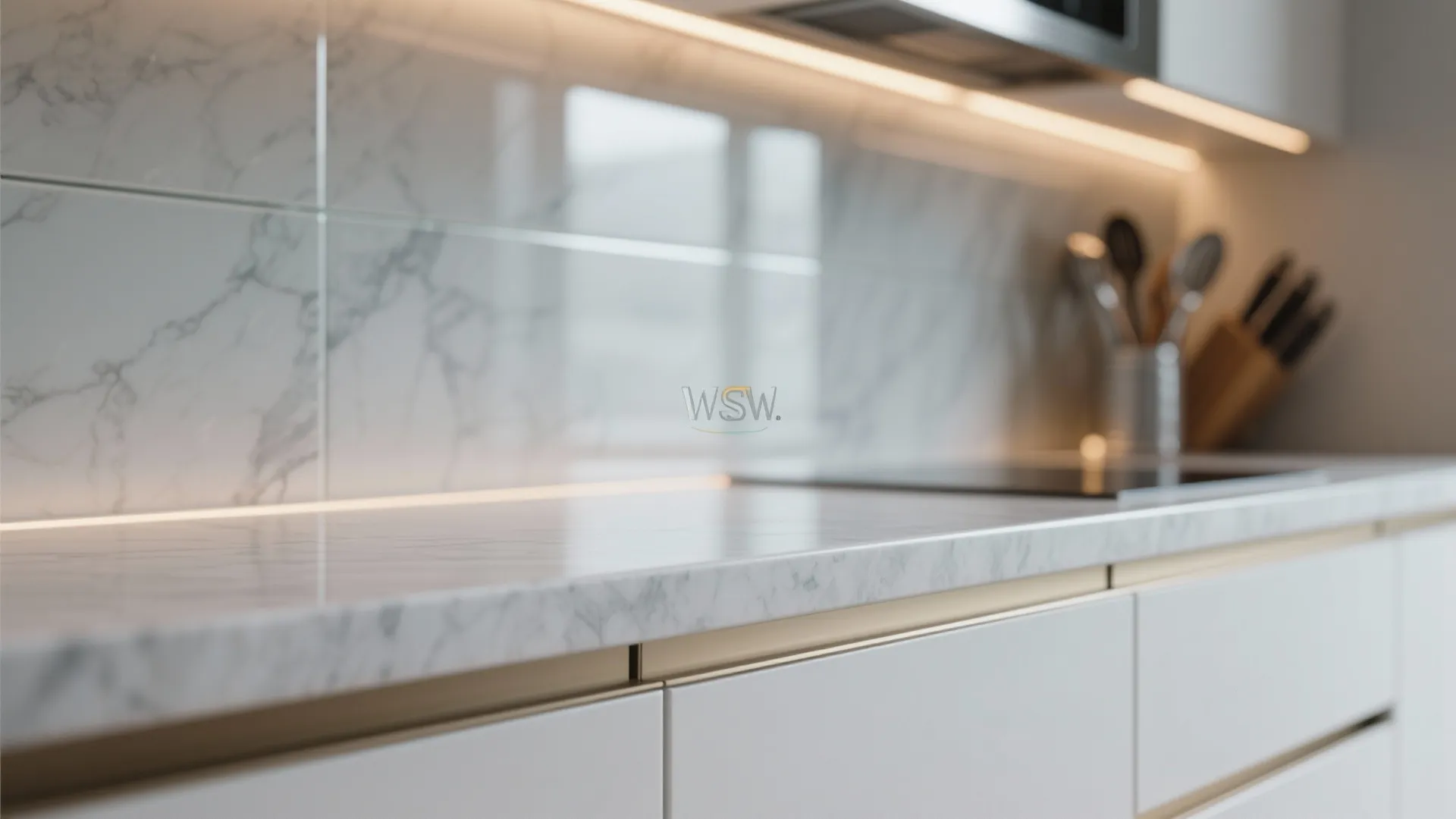Close up of marble countertop with white cabinets and bright strip light under the upper cabinet