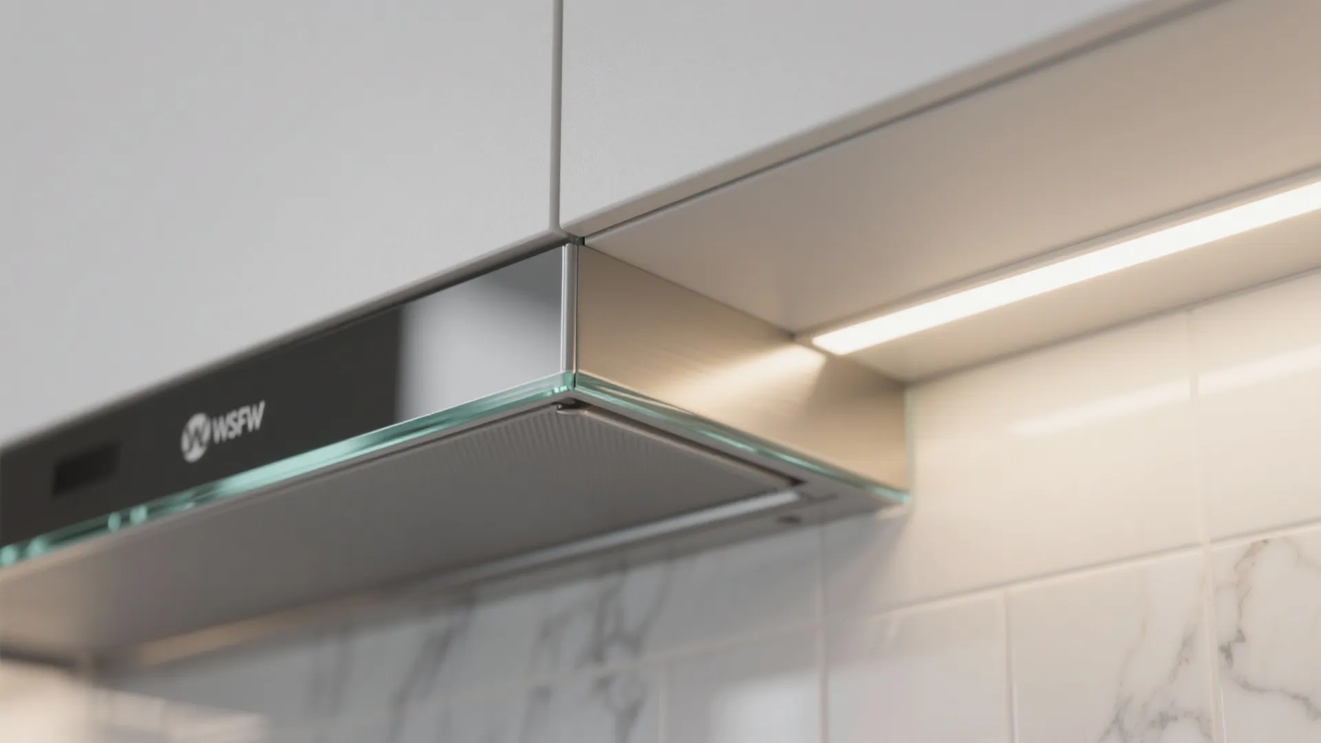 3) Reflective finishes and a glassy, easy-clean backsplash