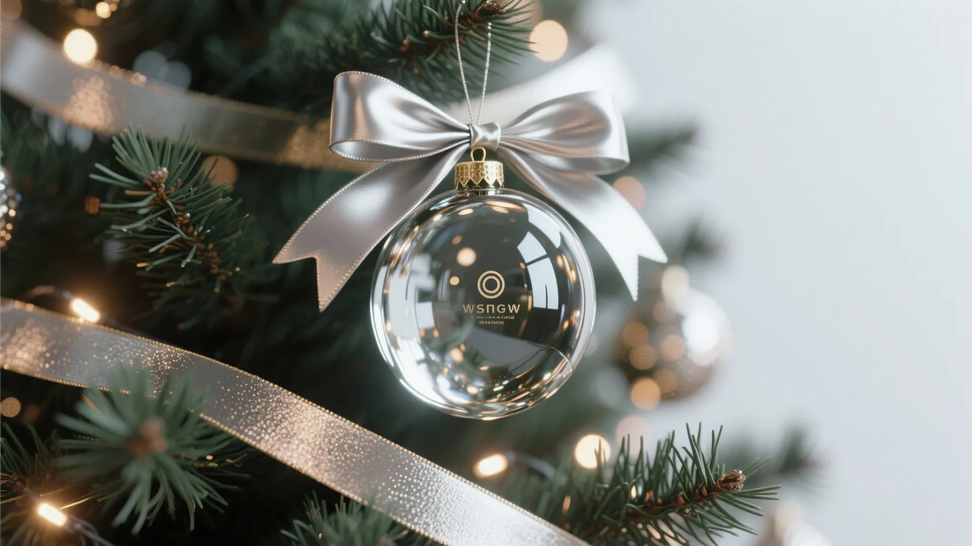 Close up of glass Christmas ornament with silver ribbon on green tree branch with warm lights