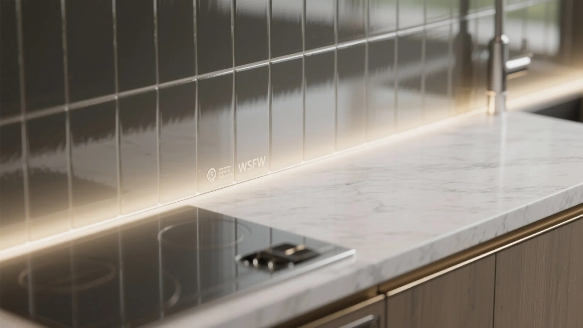Glass backsplash and reflective touches for airy sightlines