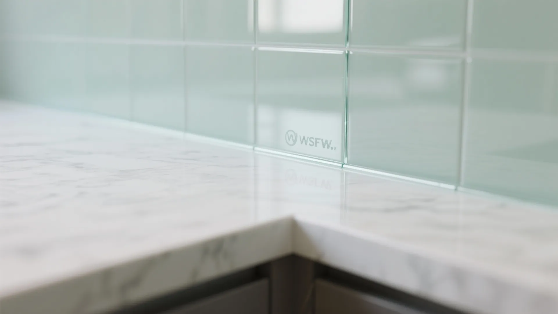 Close up of white marble kitchen countertop meeting a light green glass wall tile surface
