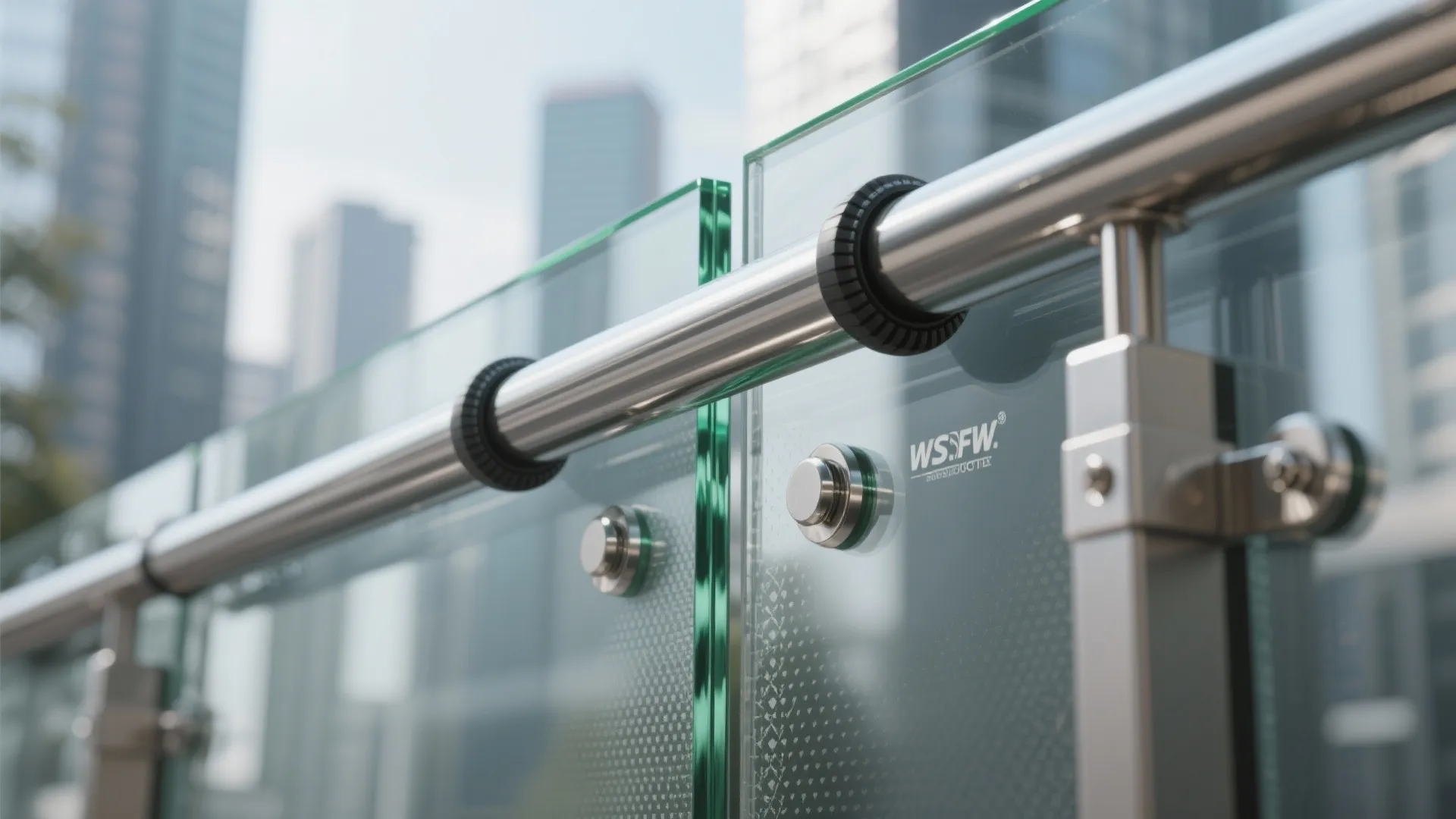 Macro of laminated glass balustrade with polished edge, subtle frit dots, and stainless clamp hardware.