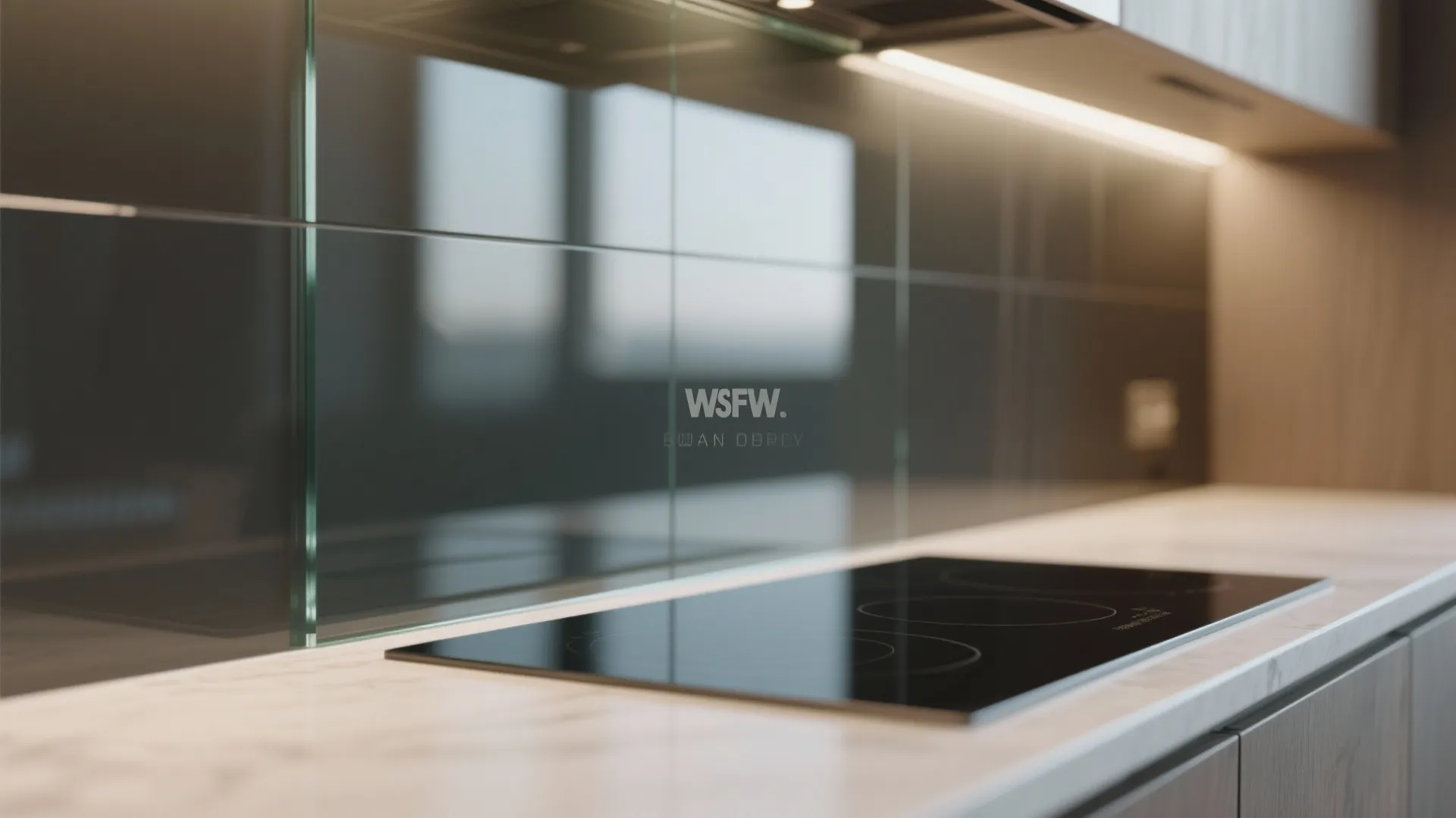 Modern black glass electric stove top on a white marble counter with grey wall background design