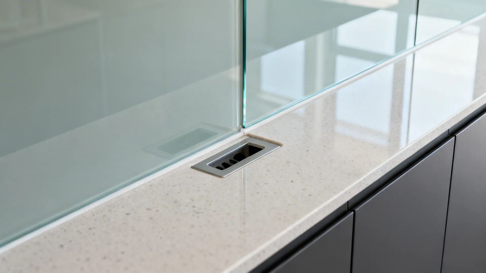 Macro of low-iron glass backsplash edge meeting quartz countertop with precise finish.