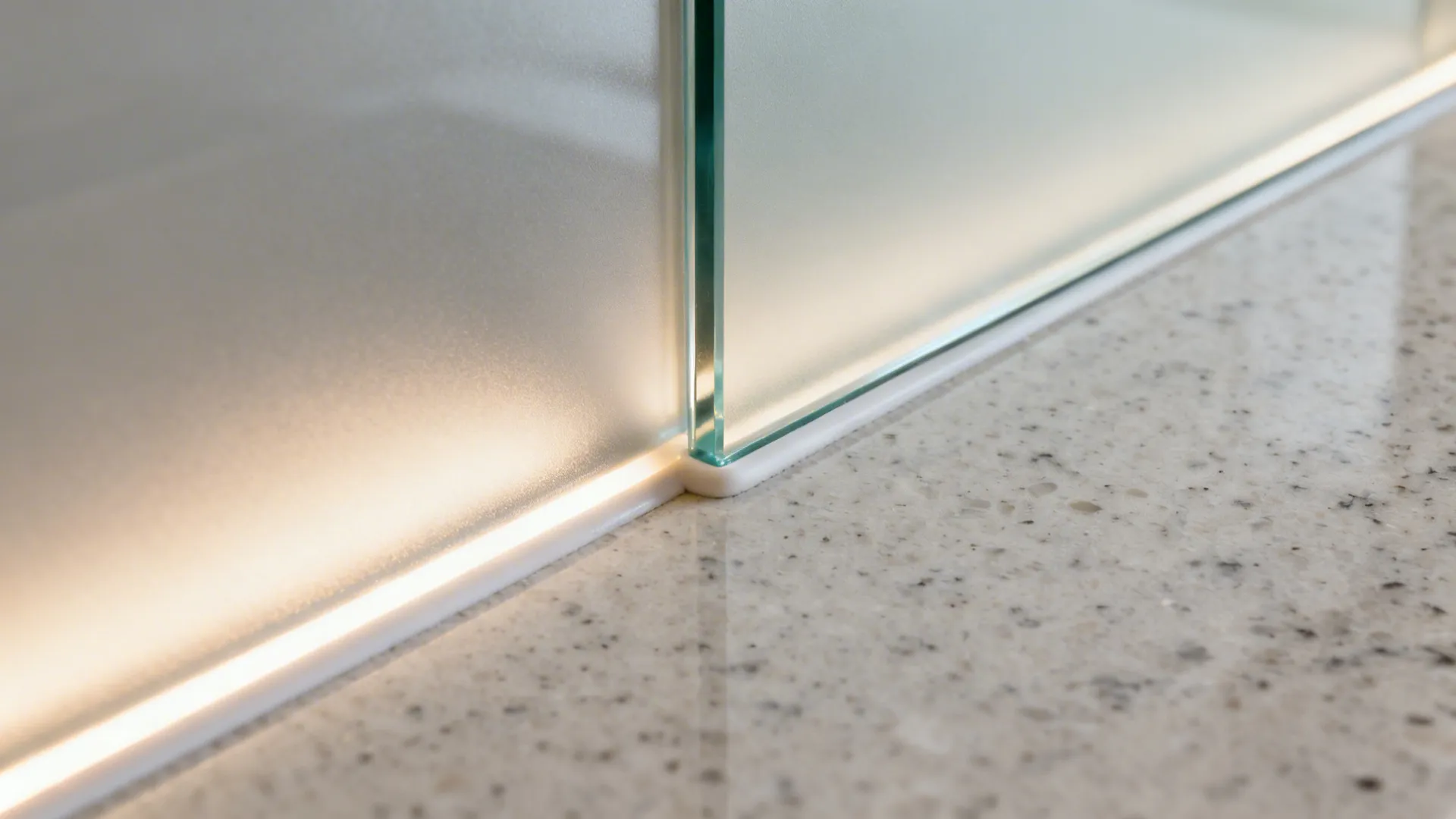 Close-up of satin glass backsplash meeting quartz with clean joint.