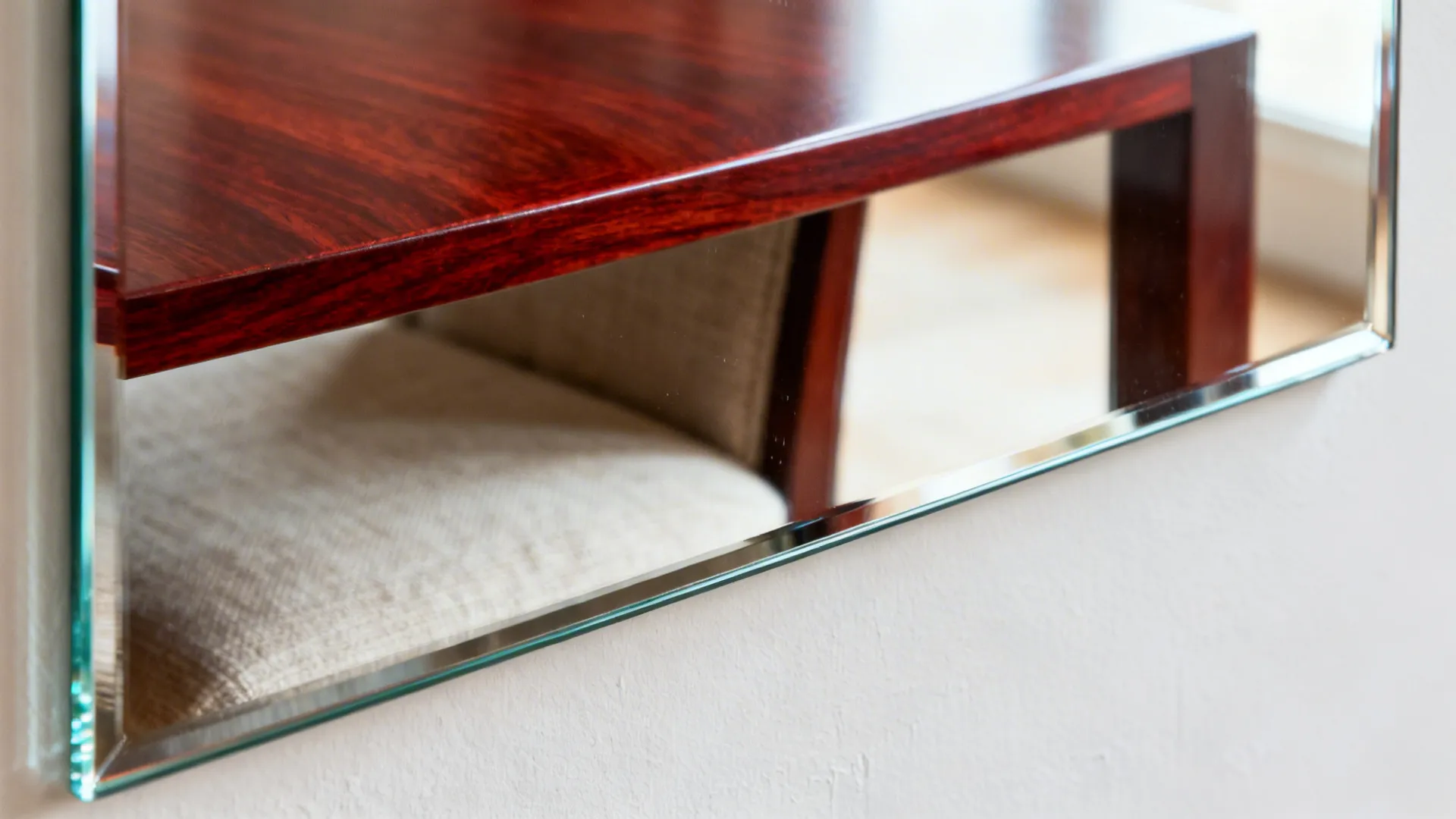 Close-up of low-iron glass reflecting a cherry table edge and linen upholstery.