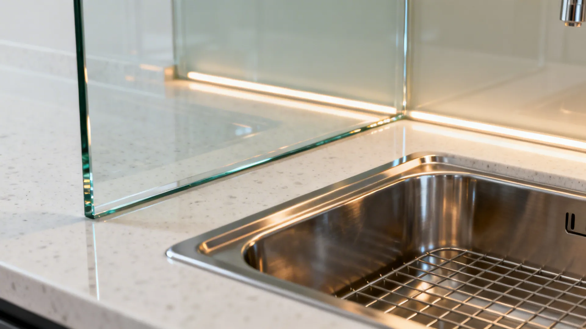 Close-up of a low-iron tempered glass backsplash reflecting warm LED light.
