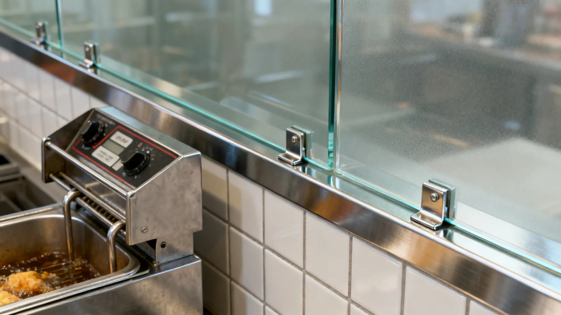 Macro of matte-film tempered glass backsplash with stainless trim near a fryer.