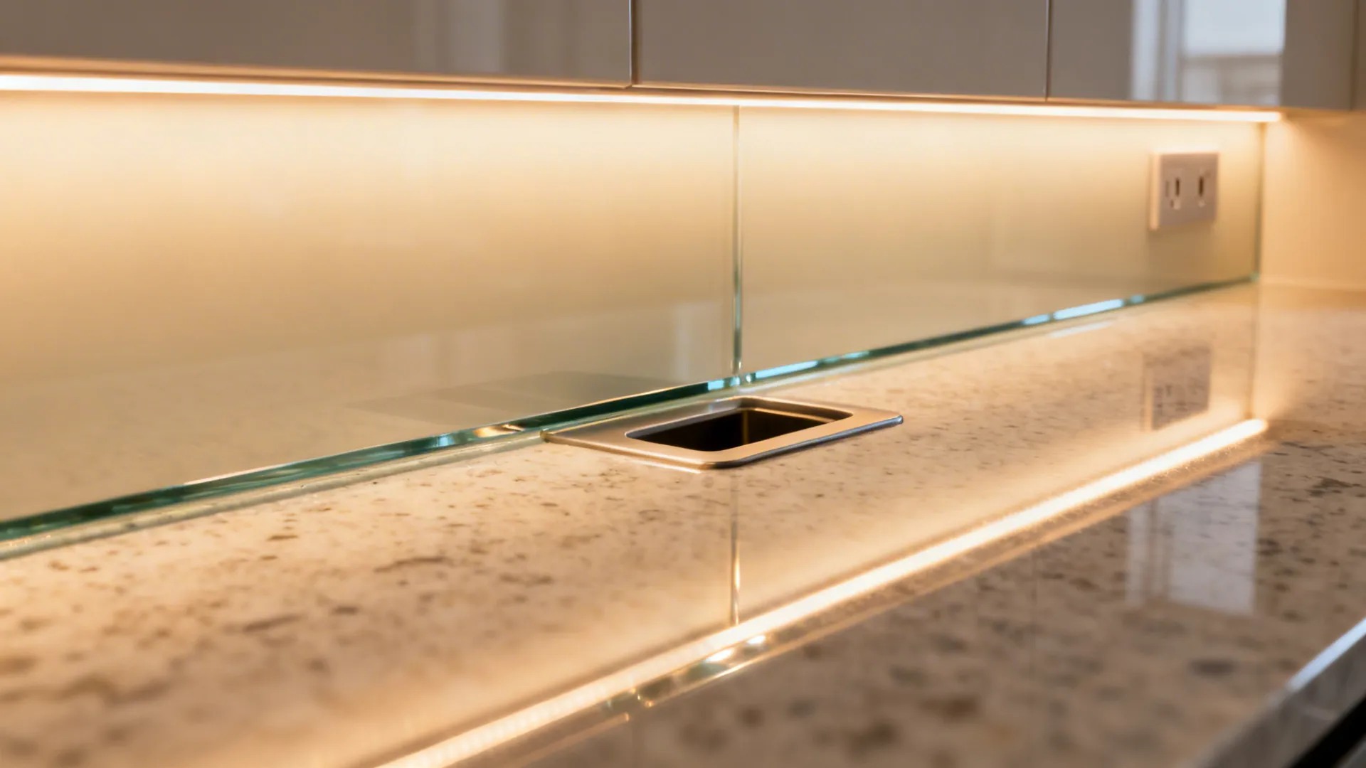 Macro of back-painted glass backsplash edge with warm LED light over quartz counter.