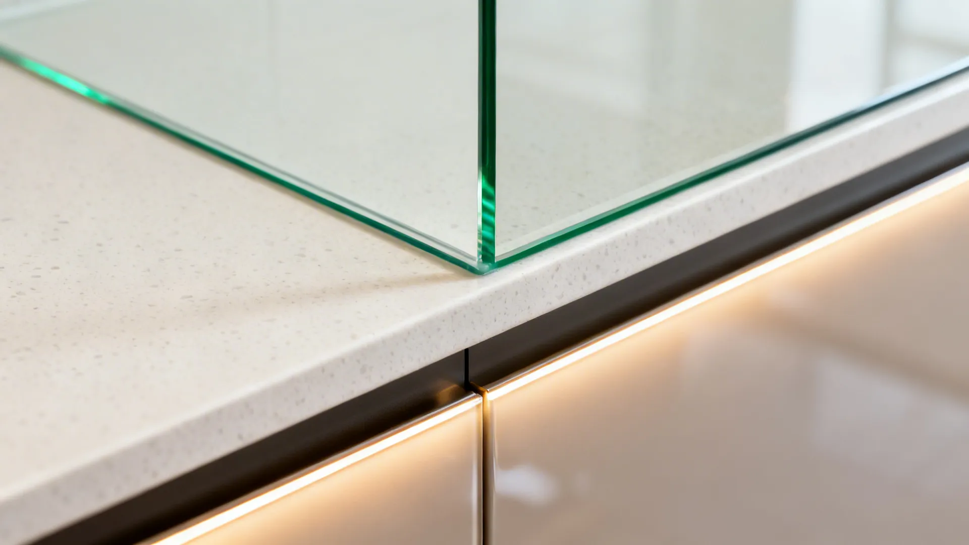 Macro of a low-iron glass backsplash meeting a quartz countertop with warm LED lighting.