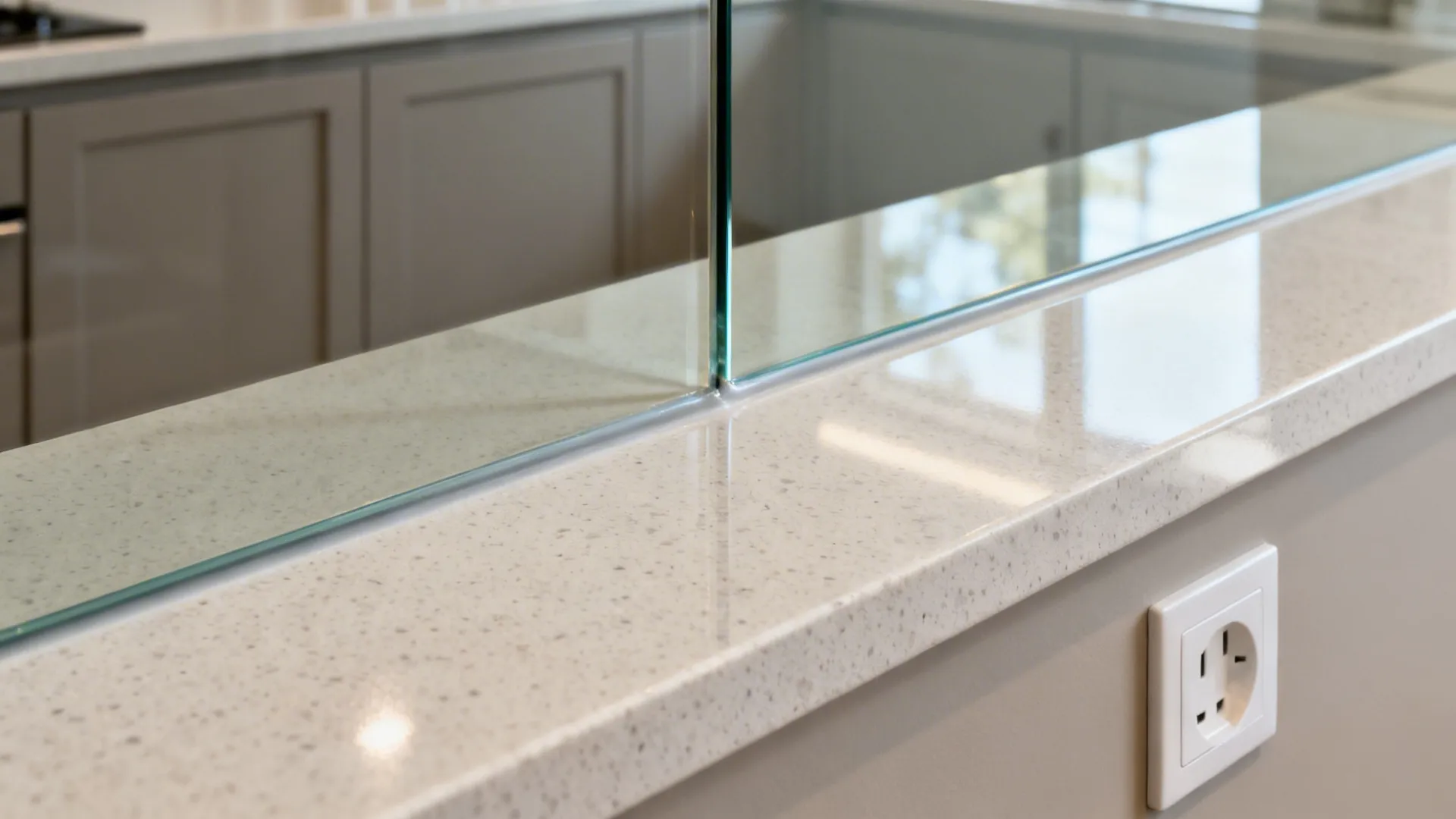 Macro of a back-painted glass backsplash edge meeting quartz for a seamless finish.