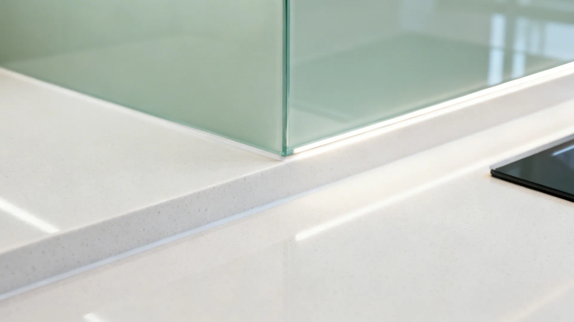 Green glass panel meeting white stone countertop with a glowing light strip at the bottom