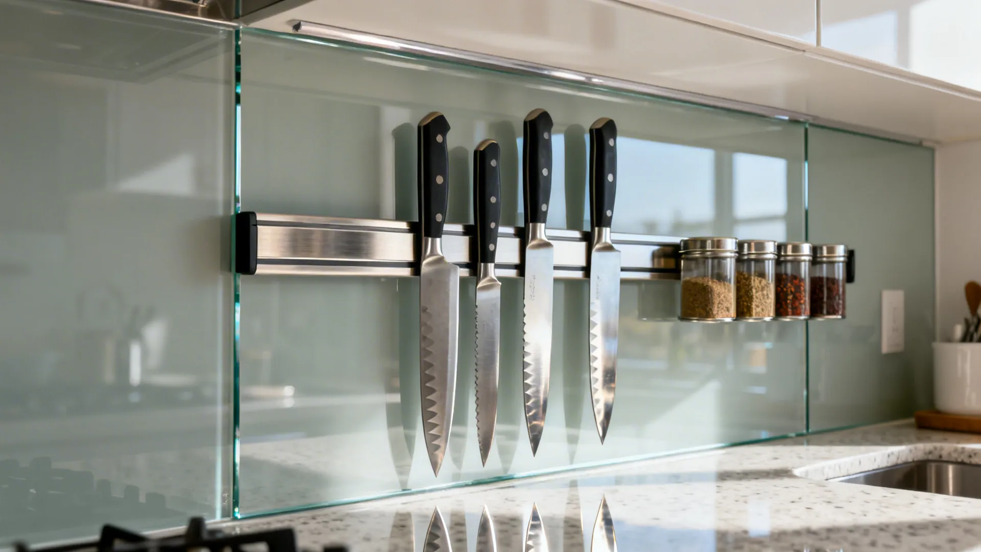 Glossy tempered glass backsplash with a slim magnetic rail holding knives and spice tins in a bright small kitchen.