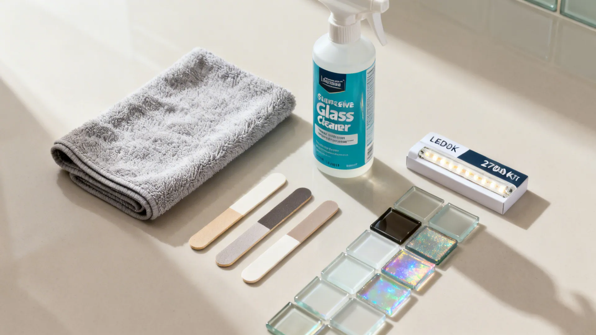 Flat lay with microfiber cloth, glass cleaner, grout samples, LED strip, and glass tile swatches