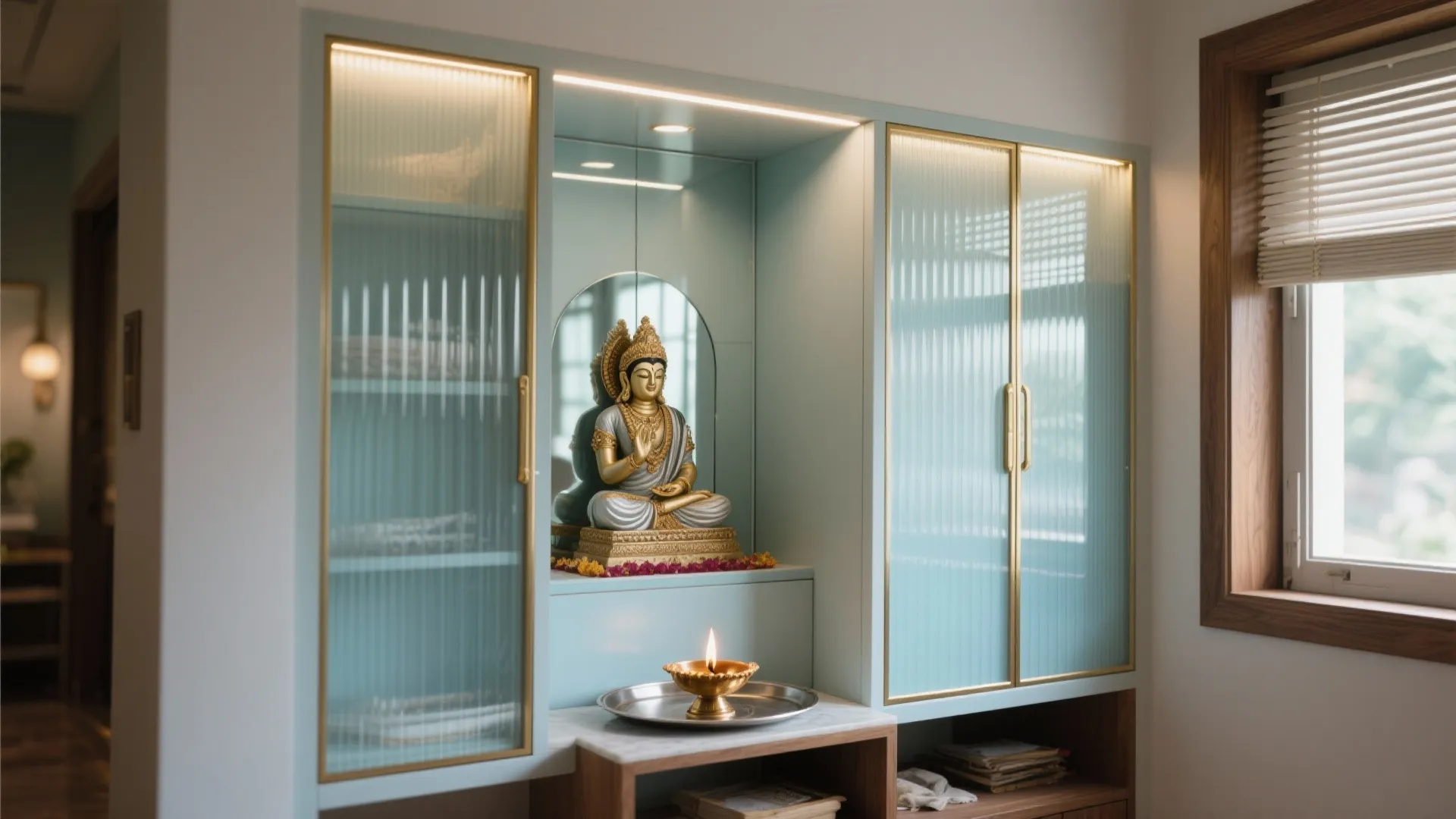 Glass Doors and a Reflective Back Panel for Airy Lightness