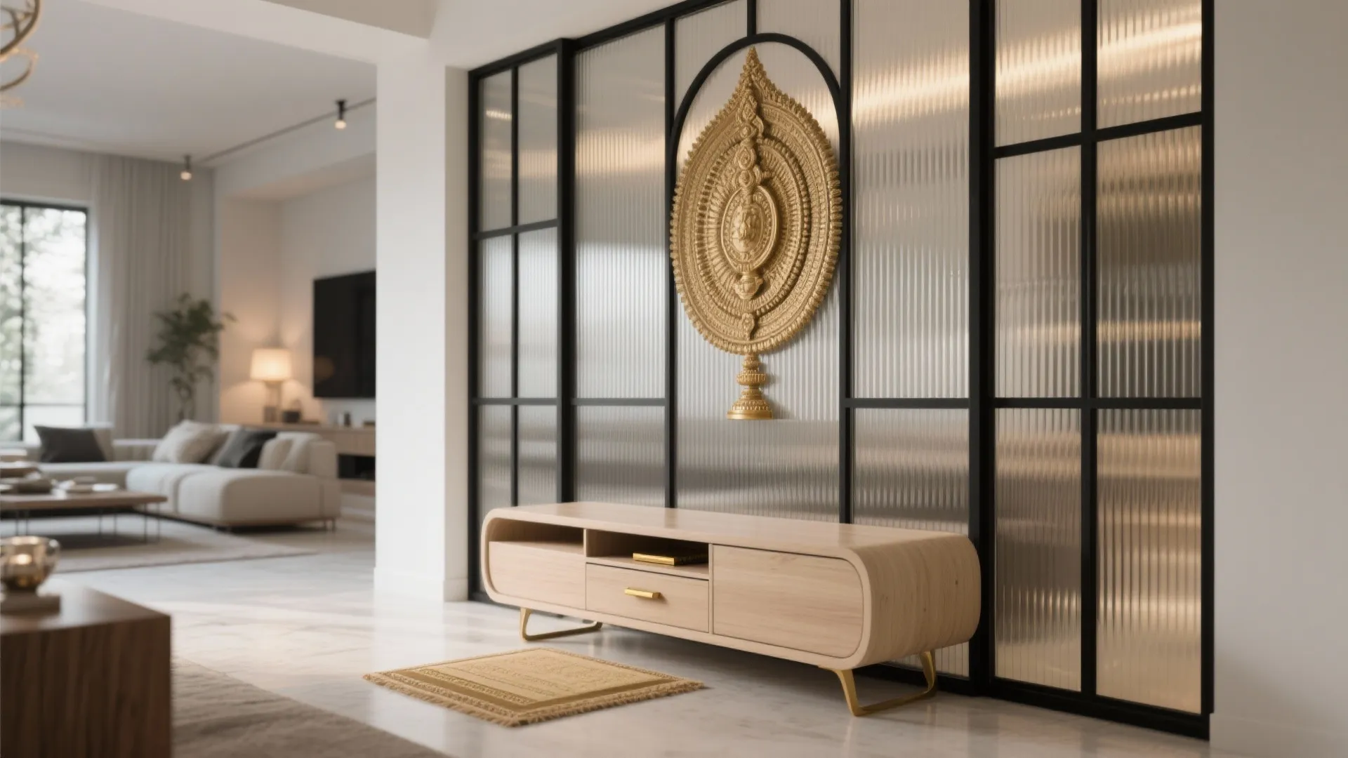 Modern living room featuring a wooden cabinet and glass wall partition with golden circular wall decor
