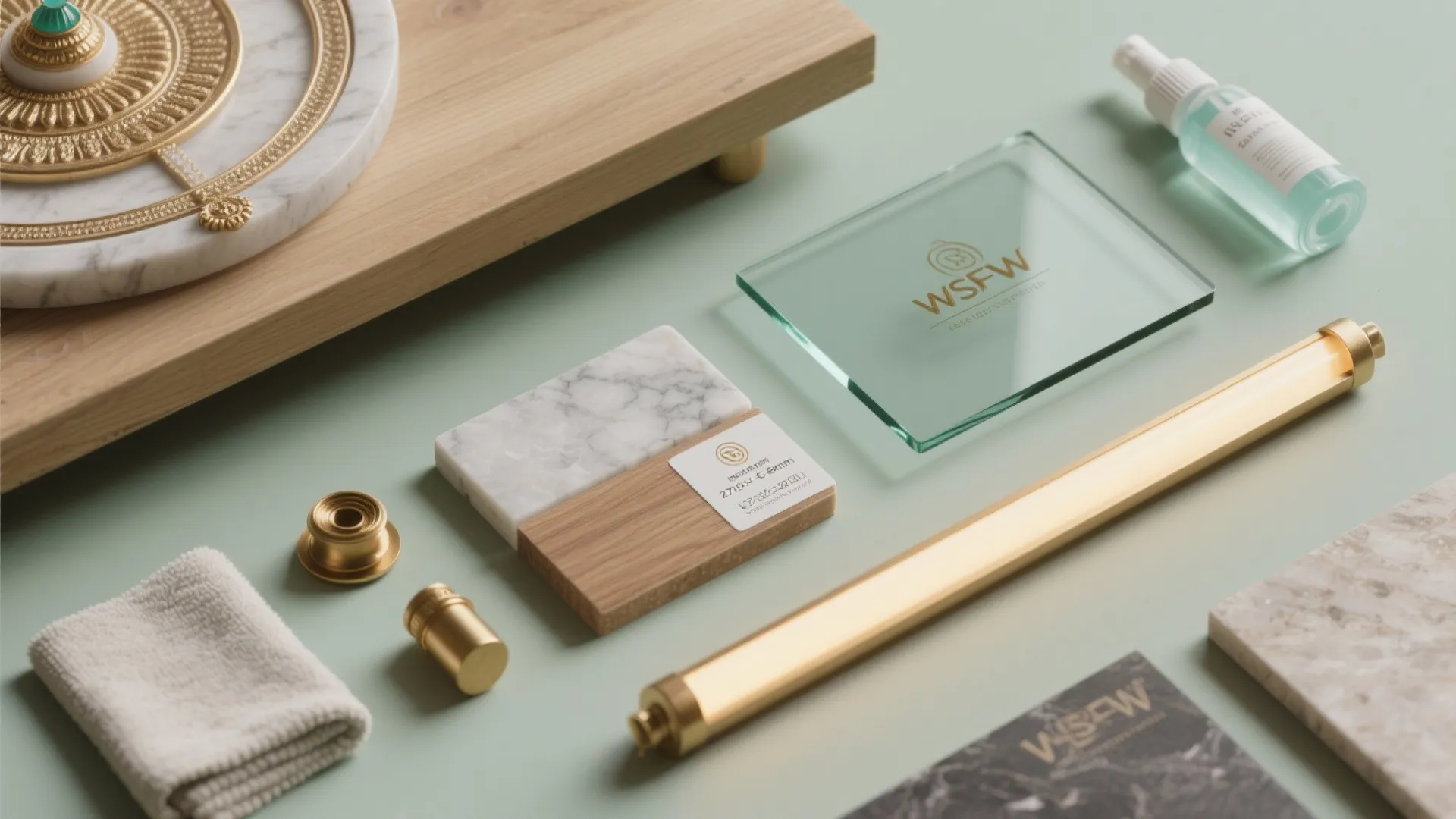Various interior design material samples including marble wood glass and golden metal rods on green surface