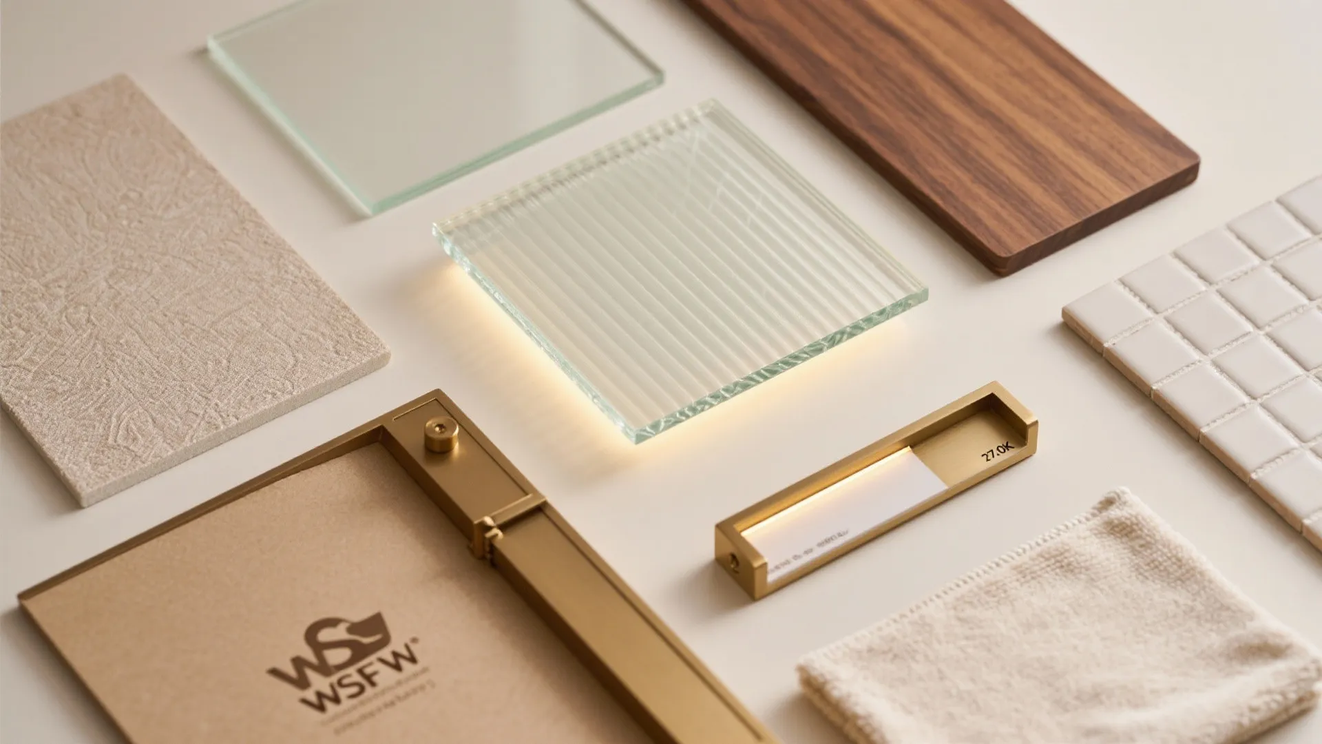 Material flat lay with frosted glass, warm wood veneer, brass, and 2700K LED strip.