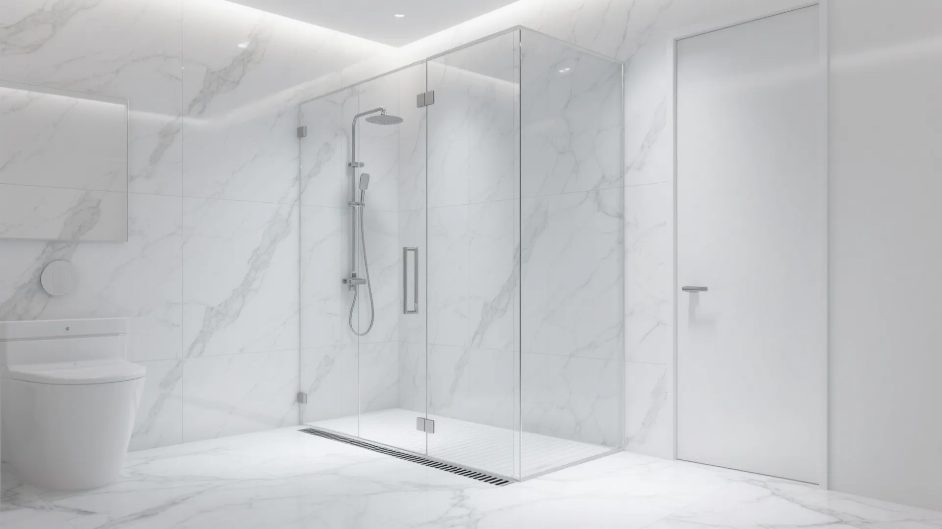 Glass Enclosure That Highlights Marble and Light