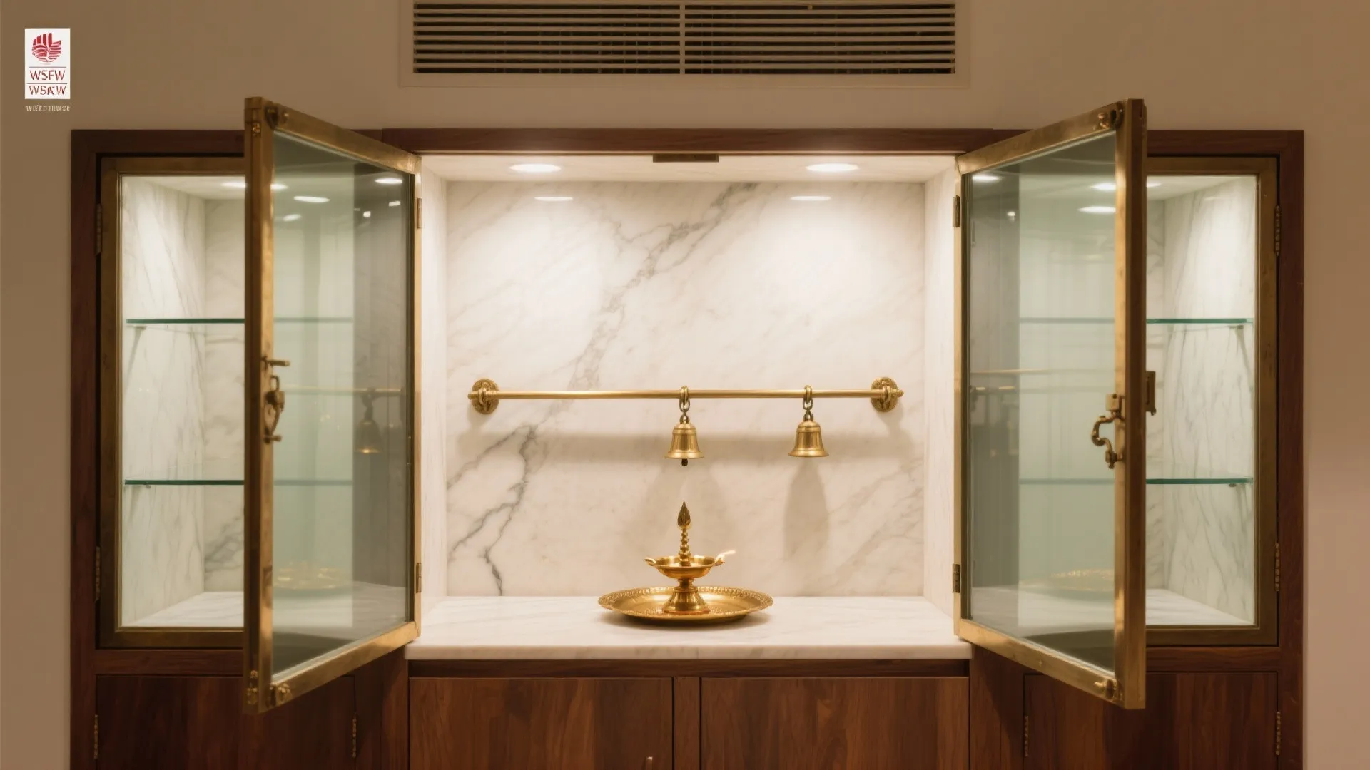 Glass-Fronted Pooja Unit with Marble Back and Brass Accents