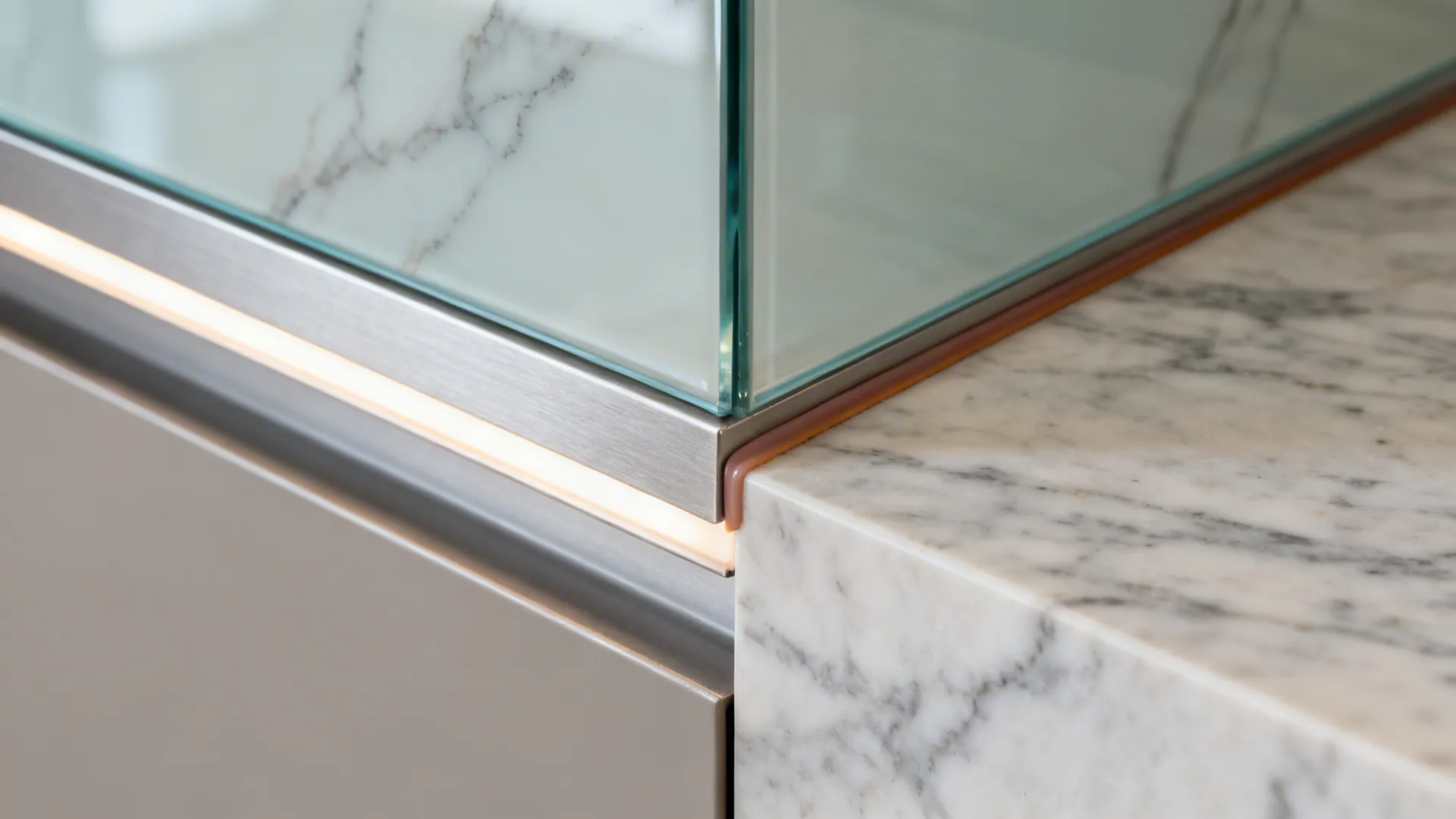 Glass-backed splash with aluminium uppers and marble veins