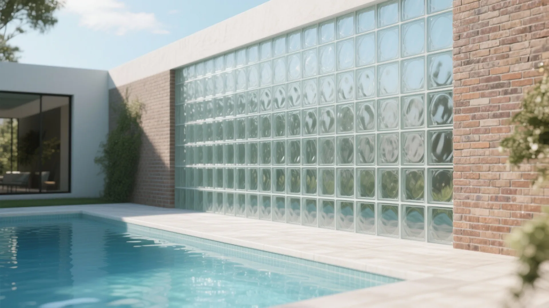 Outdoor swimming pool next to a large glass block wall and red brick house exterior