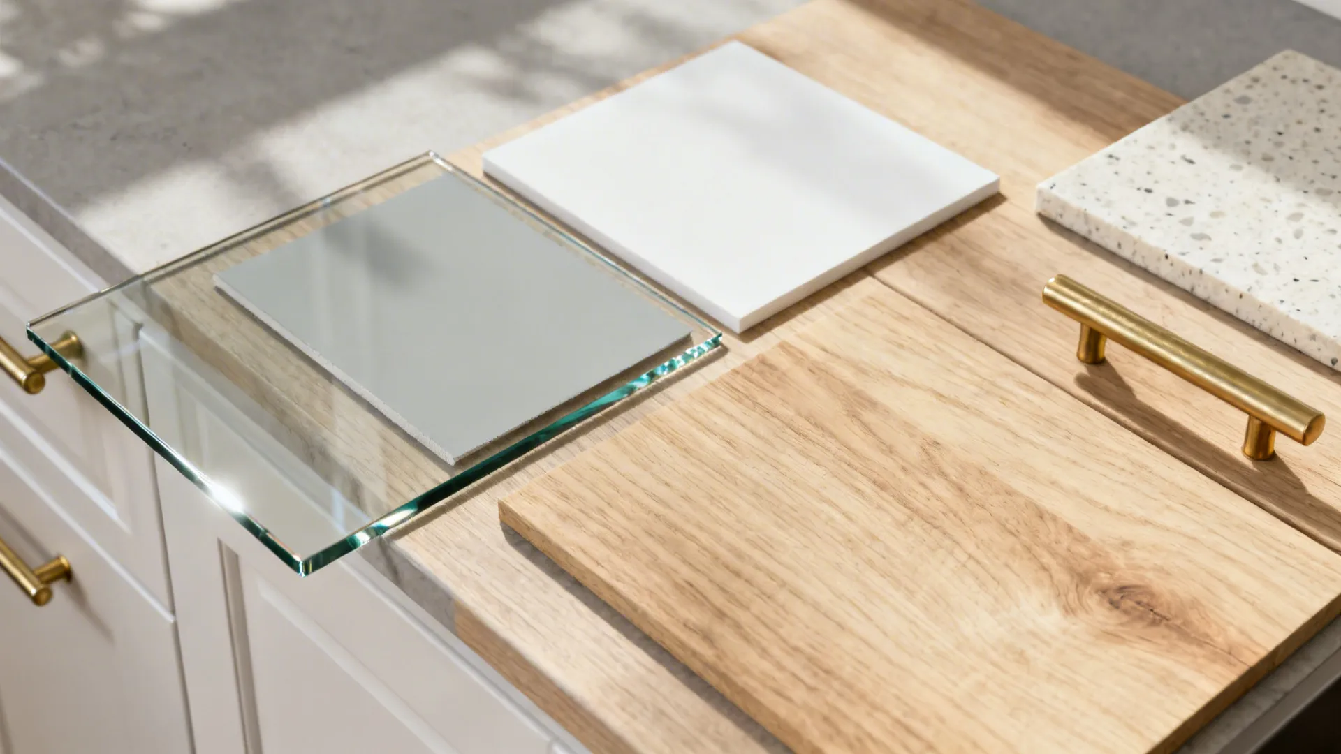 Flat lay with low-iron glass, pale gray paint, matte white cabinet chip, light oak, brass, and pale terrazzo.