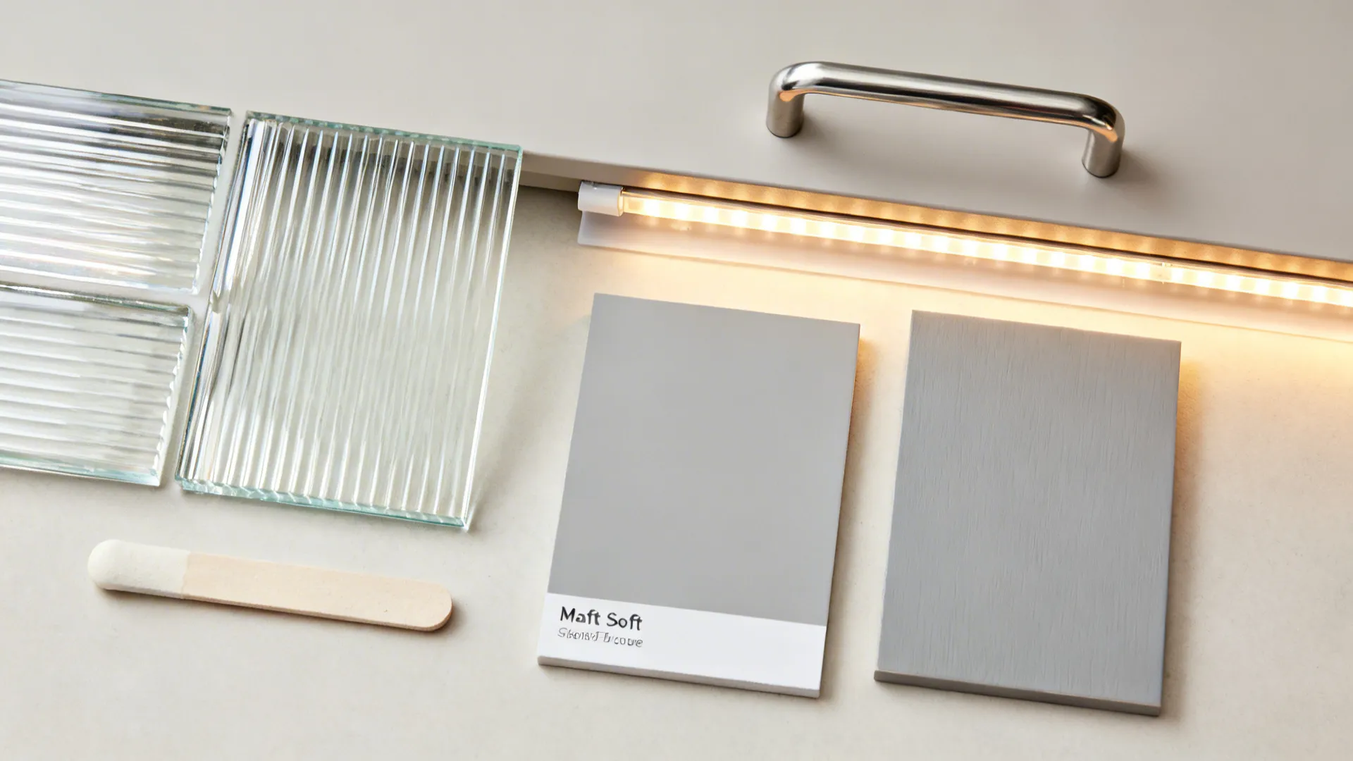Top-down materials: clear and reeded glass, reflective tiles, pale grout, soft-gray lacquer, and LED diffuser.