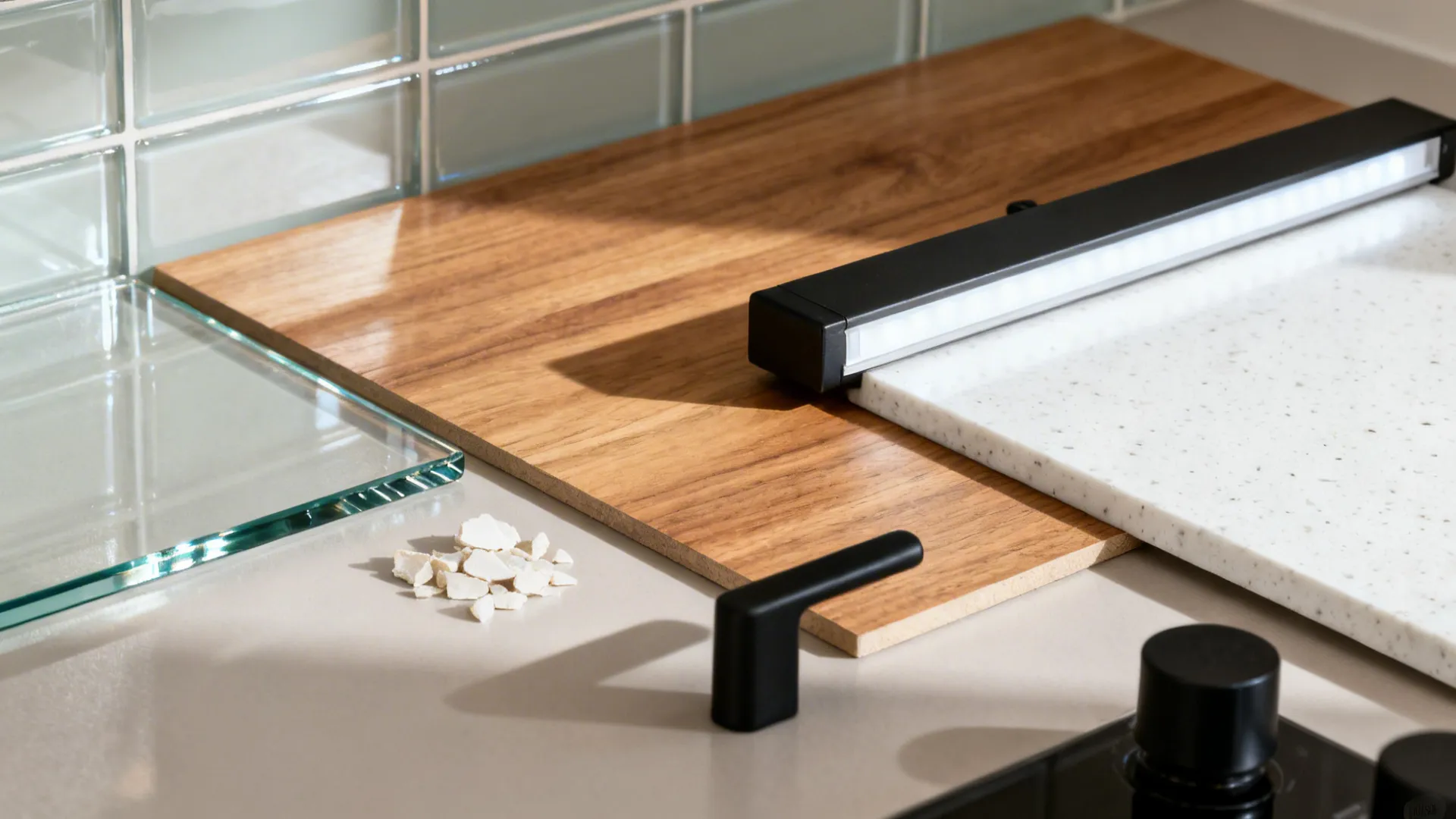 Flat lay of low-iron glass, glossy backsplash tile, oak veneer, quartz, black hardware, and LED diffuser.