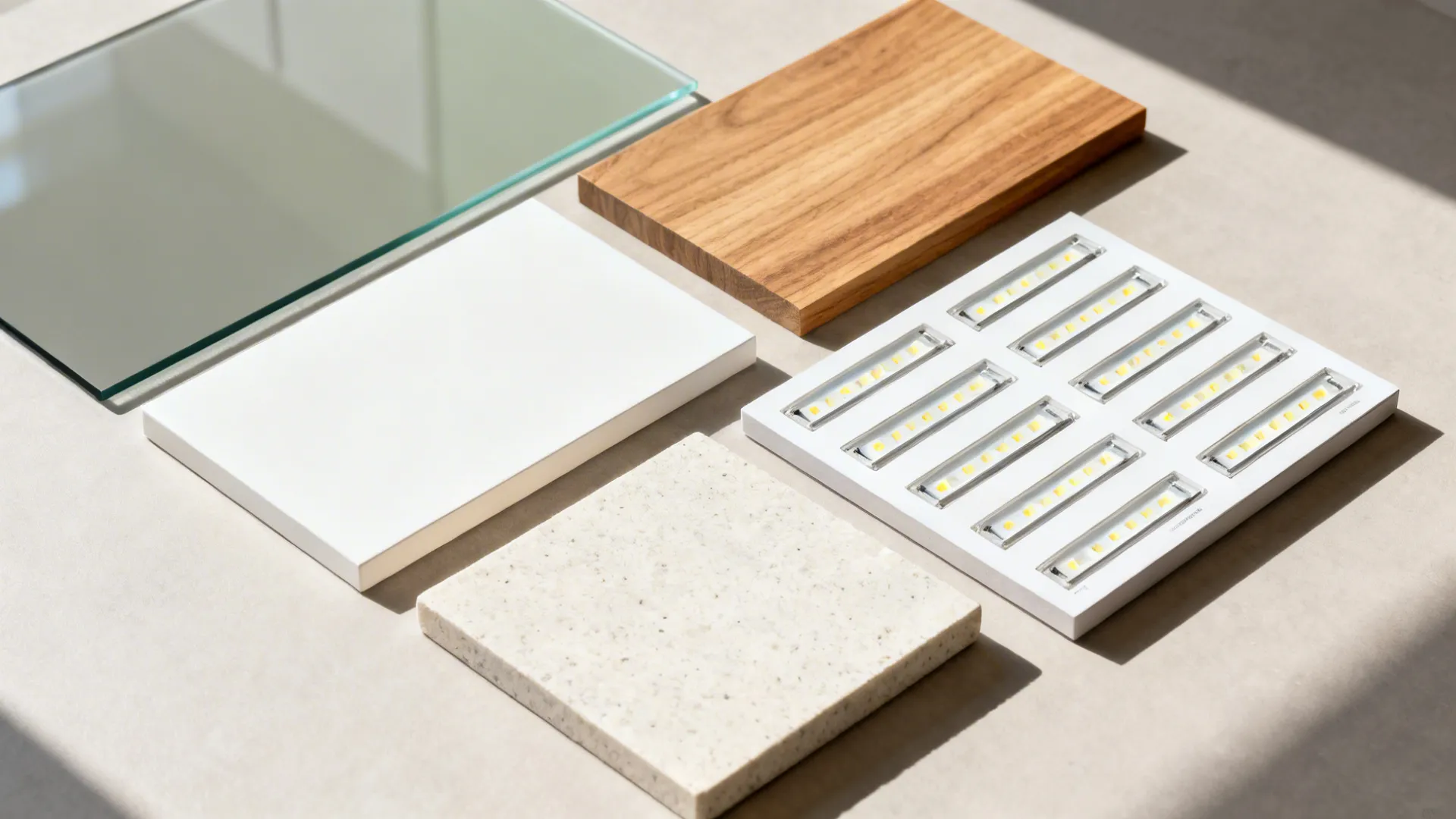 Flat lay of low-iron glass, matte cabinet swatch, oak veneer, and composite counter sample.