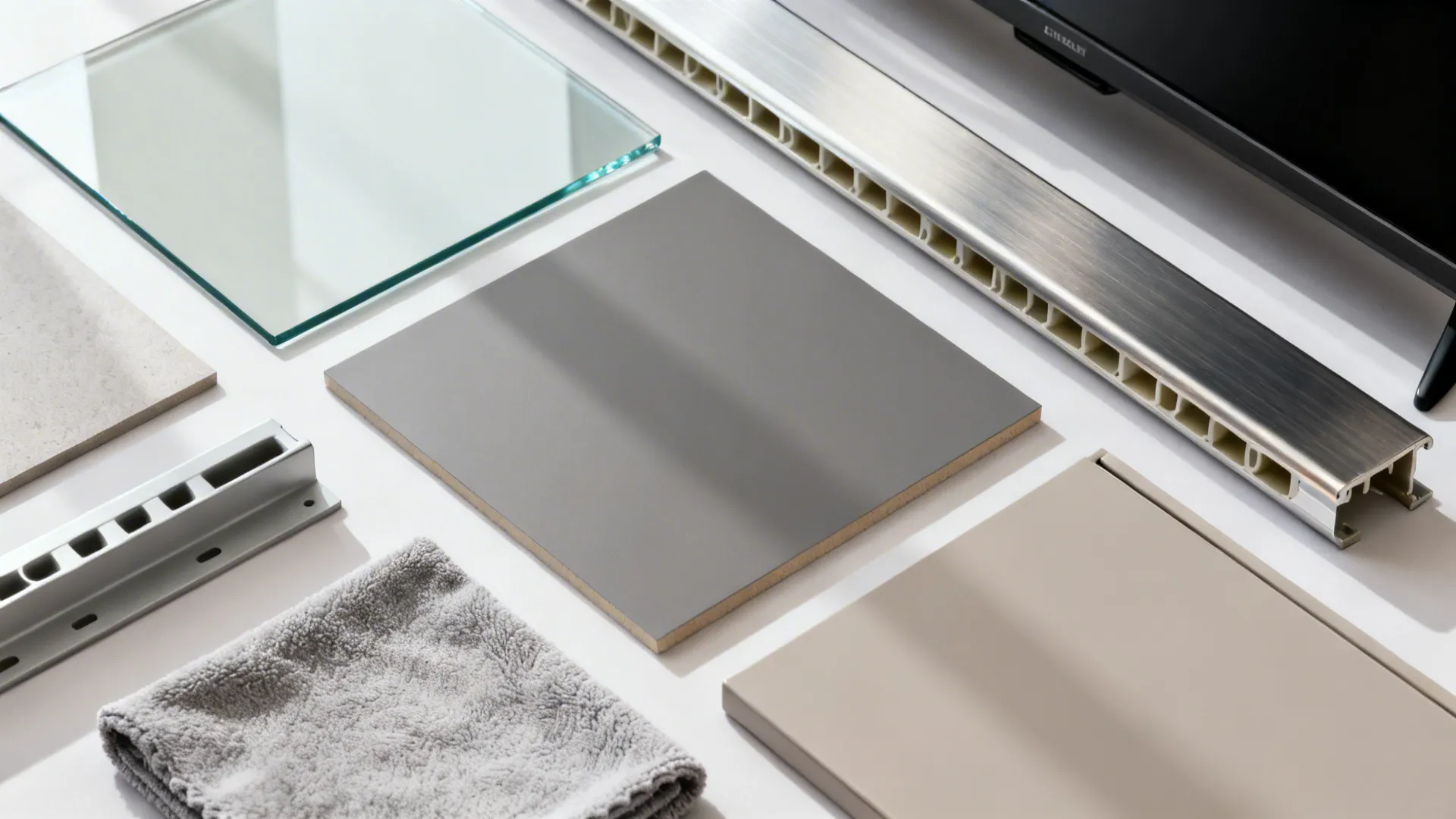 Flat lay of tempered glass, matte screen swatch, rail hardware, and raceway cover for TV mounting.