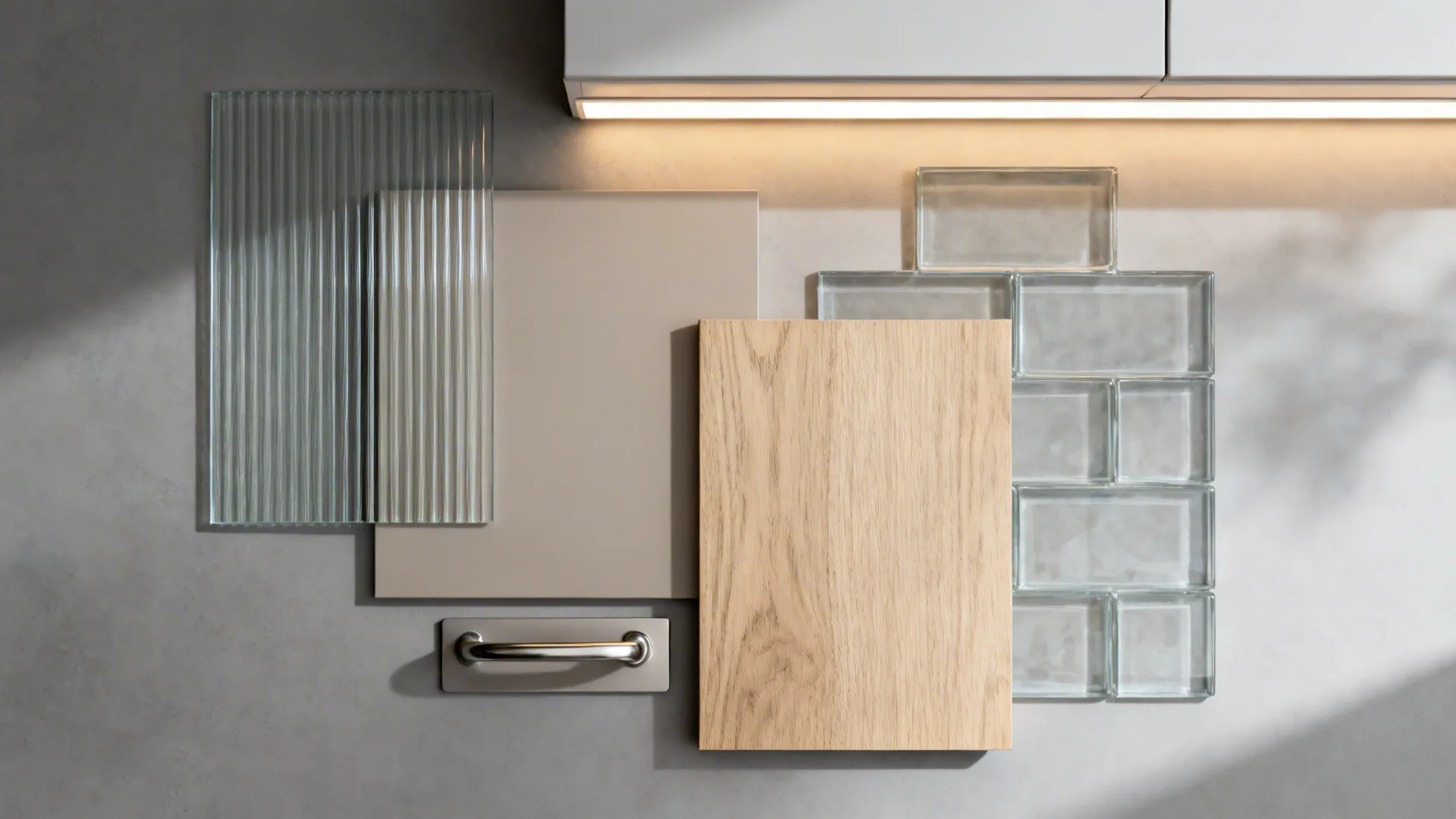 Flat lay of fluted glass, matte cabinet laminate, oak veneer, LED strip, and glass tile.