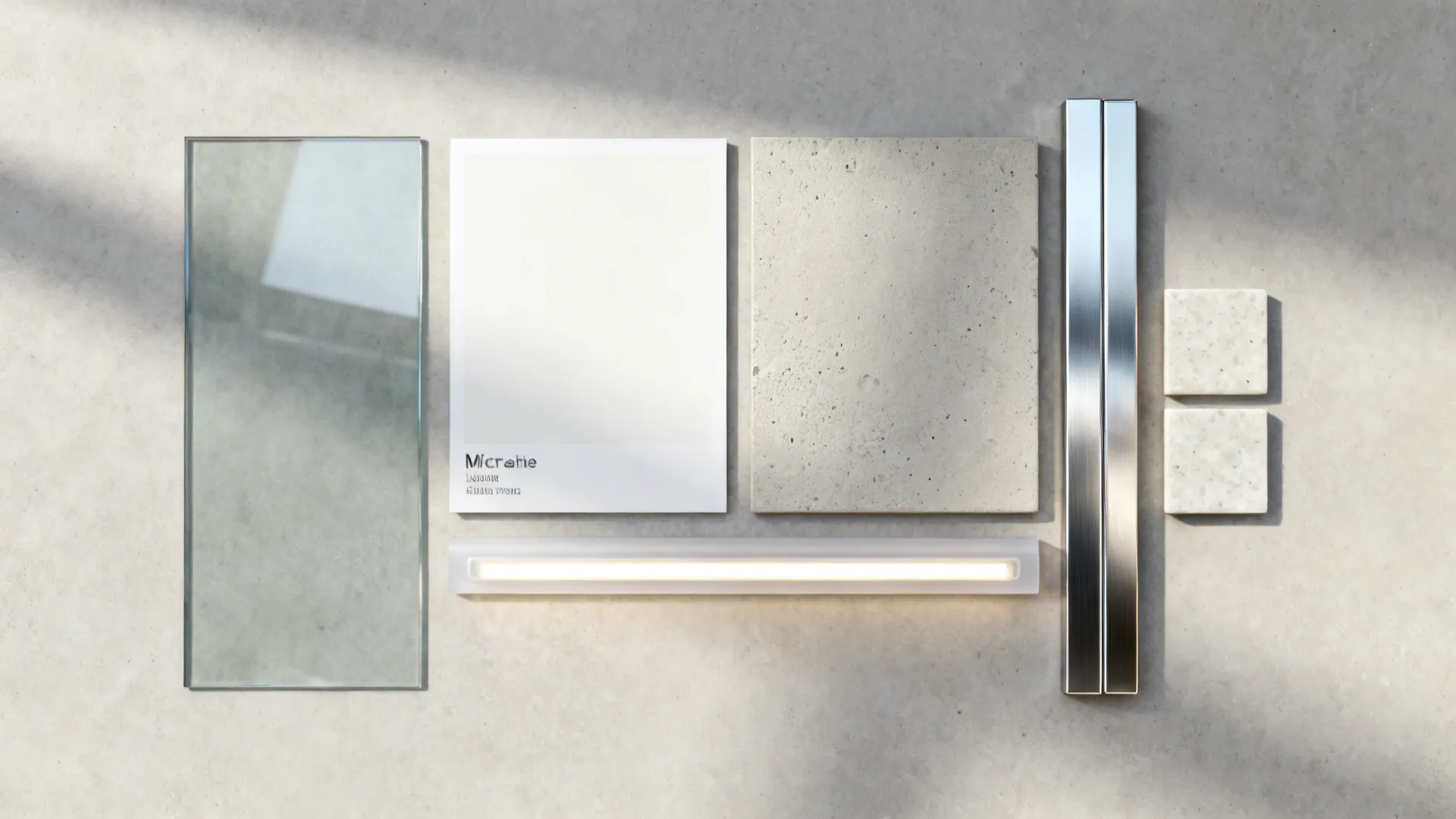 Top-down material board with low-iron glass, warm white paint, microcement, quartz, and LED diffuser.